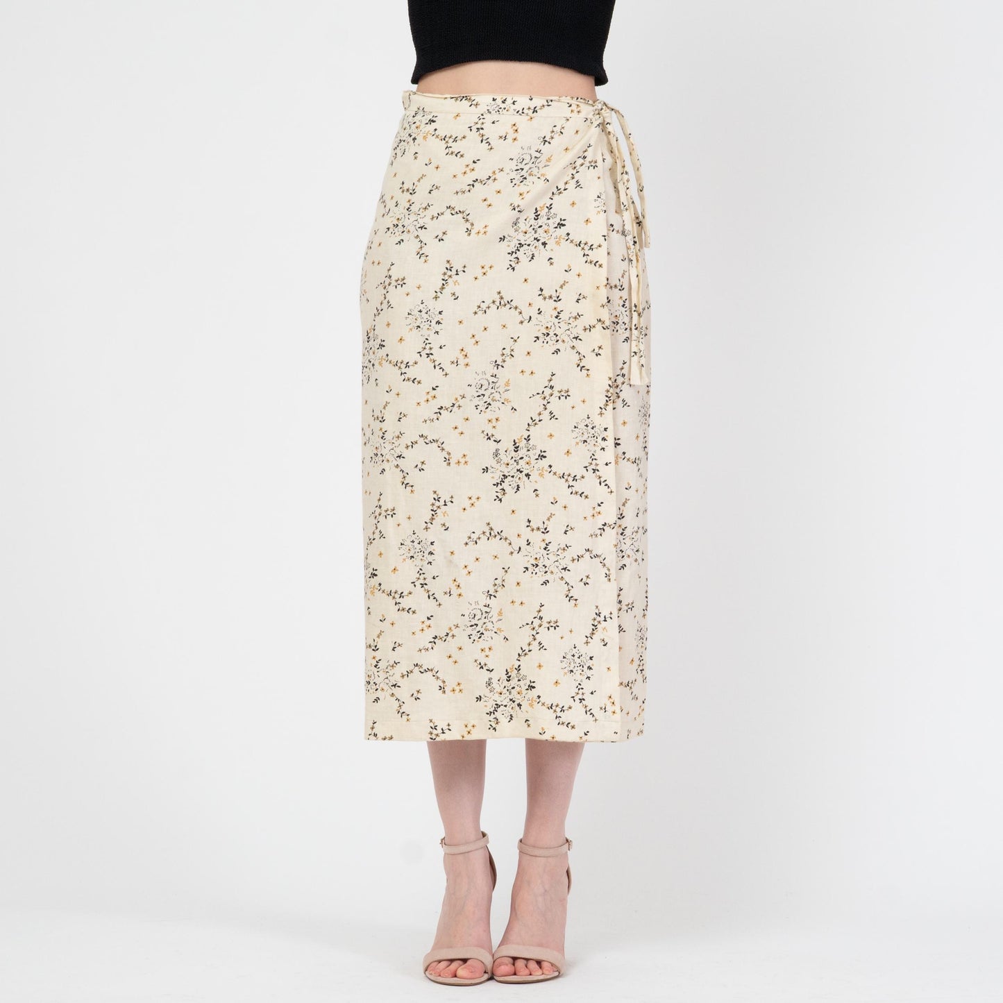 Vintage 90s Soft Linen Wildflower Print Midi Wrap Skirt - Small | Cream Floral High Waisted Skirt