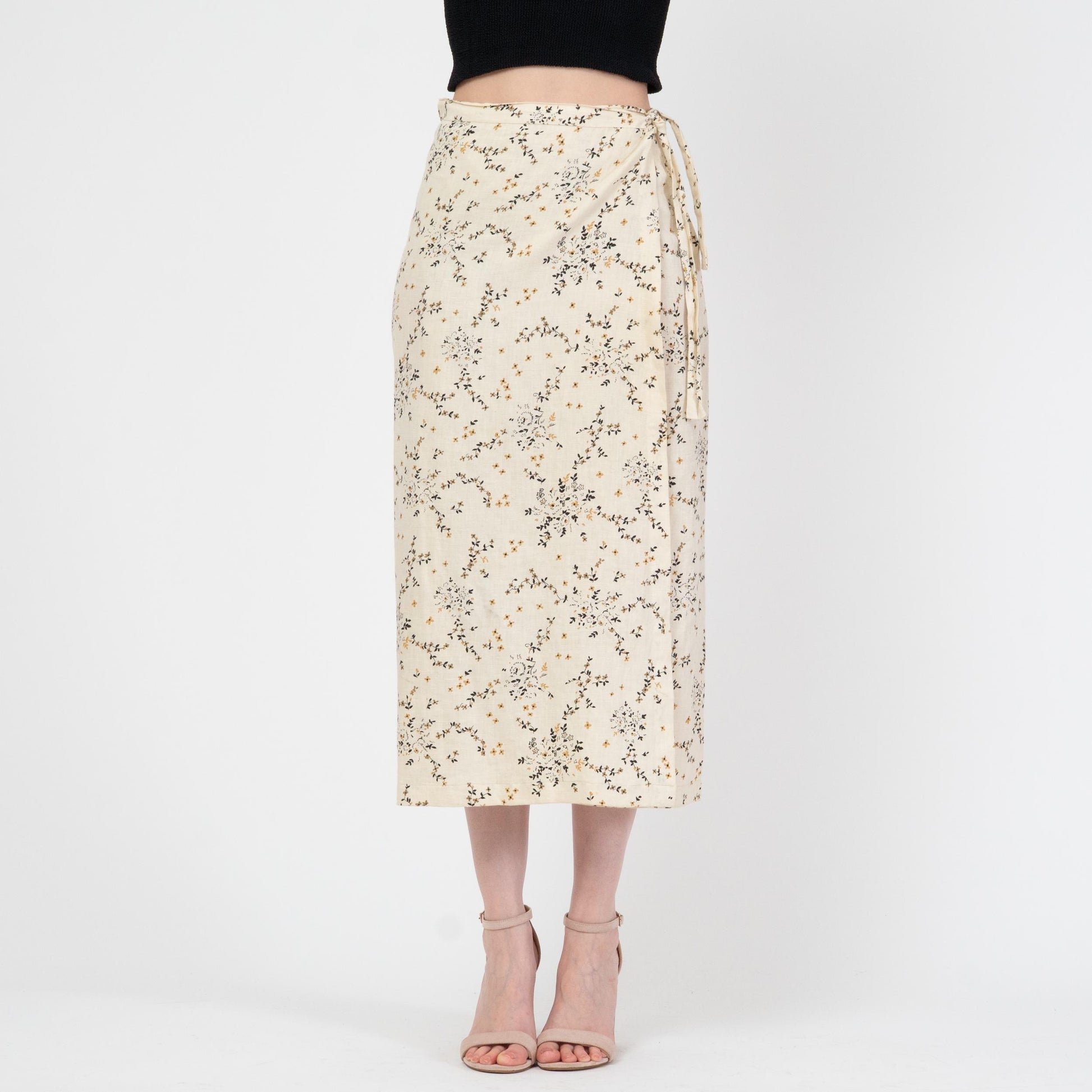 Vintage 90s Soft Linen Wildflower Print Midi Wrap Skirt - Small | Cream Floral High Waisted Skirt