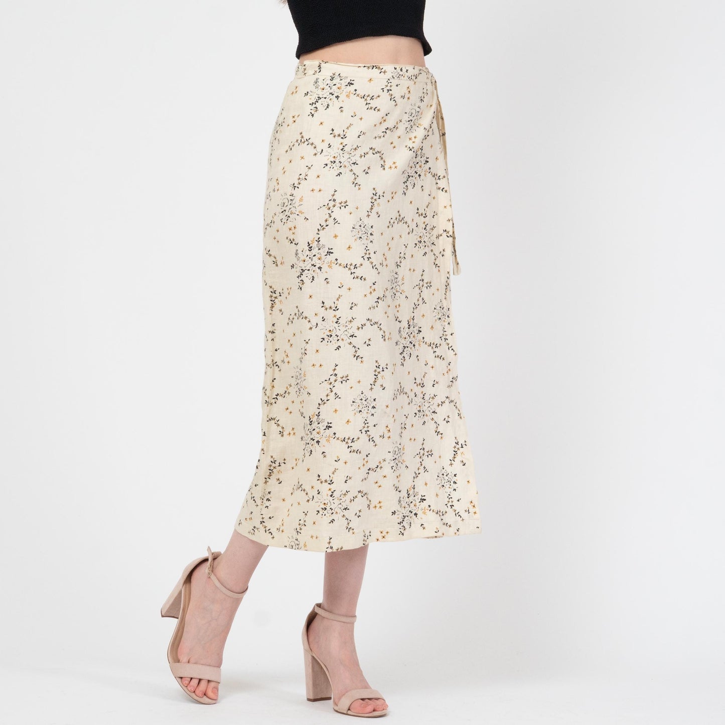 Vintage 90s Soft Linen Wildflower Print Midi Wrap Skirt - Small | Cream Floral High Waisted Skirt