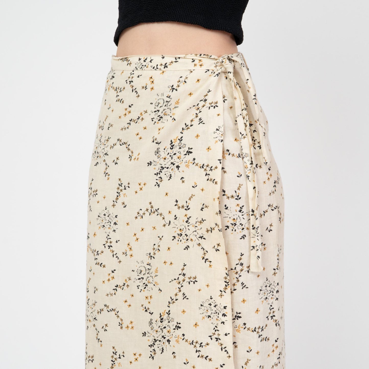 Vintage 90s Soft Linen Wildflower Print Midi Wrap Skirt - Small | Cream Floral High Waisted Skirt