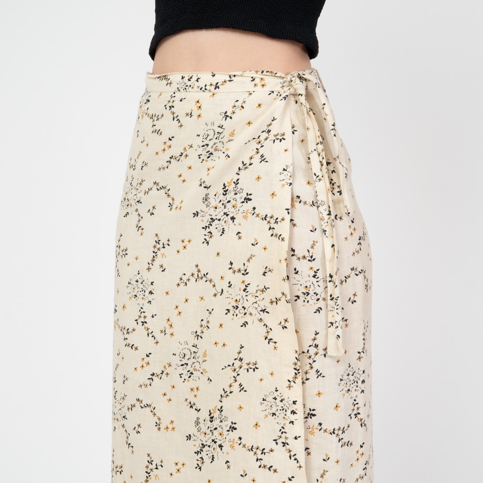 Vintage 90s Soft Linen Wildflower Print Midi Wrap Skirt - Small | Cream Floral High Waisted Skirt