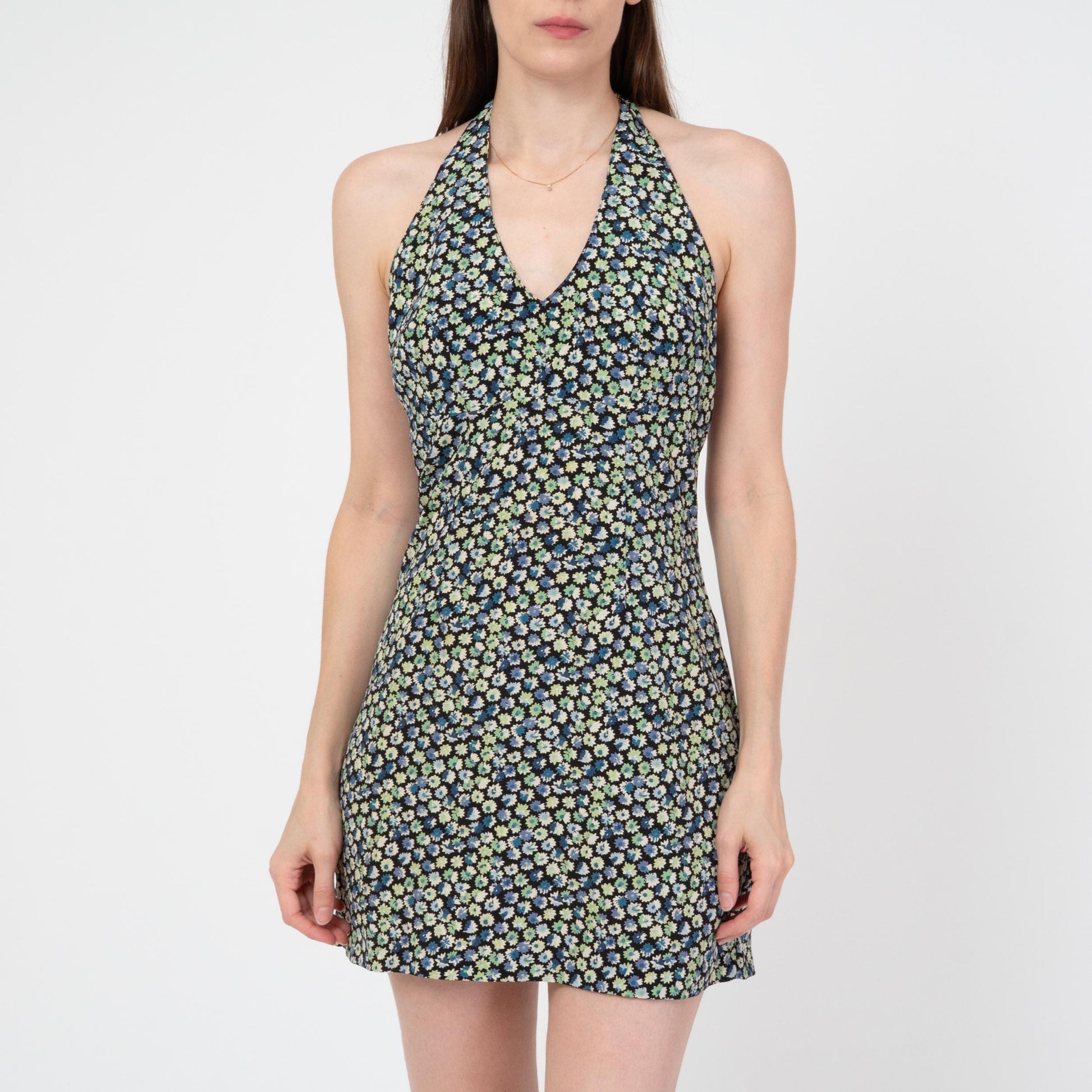 Vintage 90s Green & Blue Floral Halter Mini Dress - Small | Boho Festival Summer Sundress