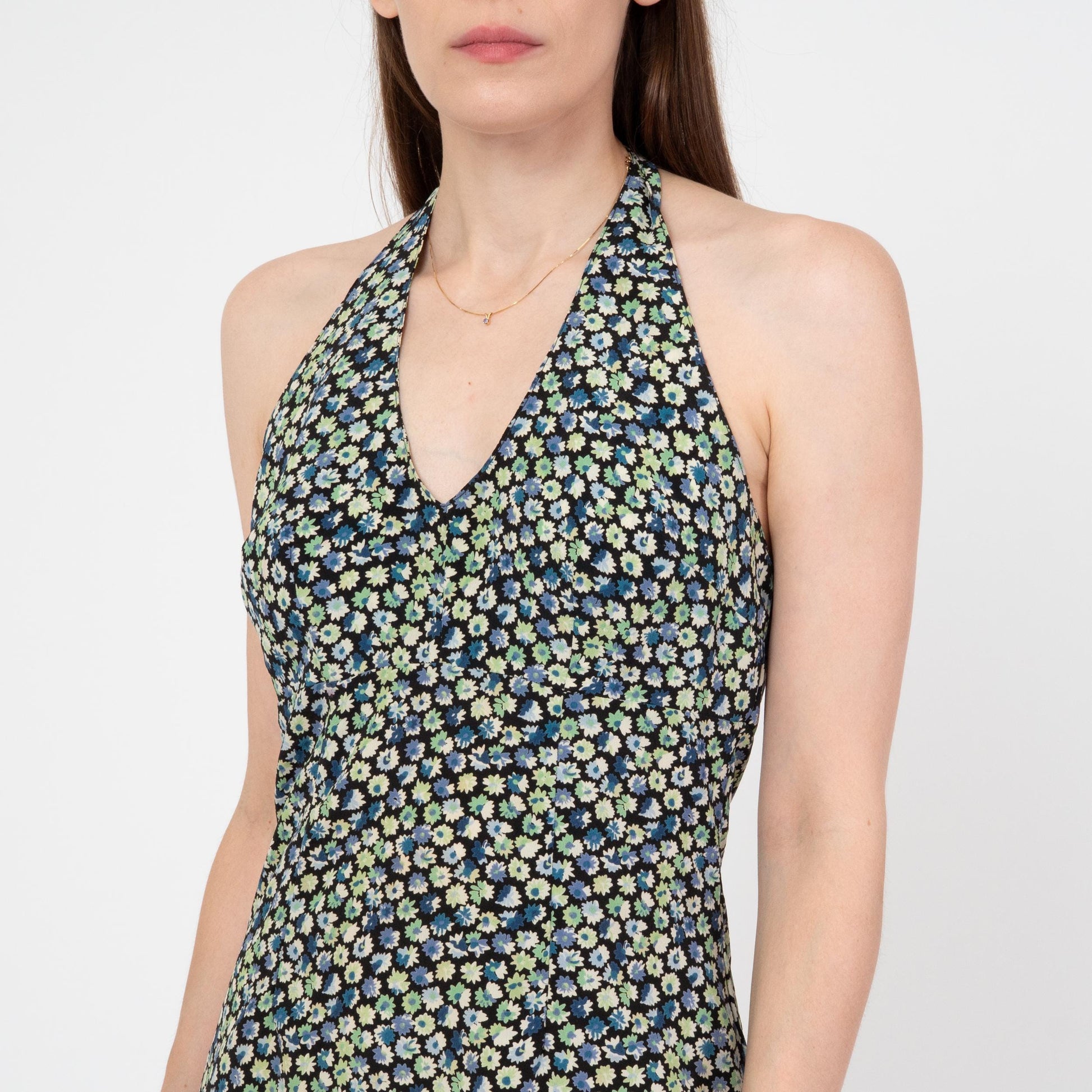 Vintage 90s Green & Blue Floral Halter Mini Dress - Small | Boho Festival Summer Sundress