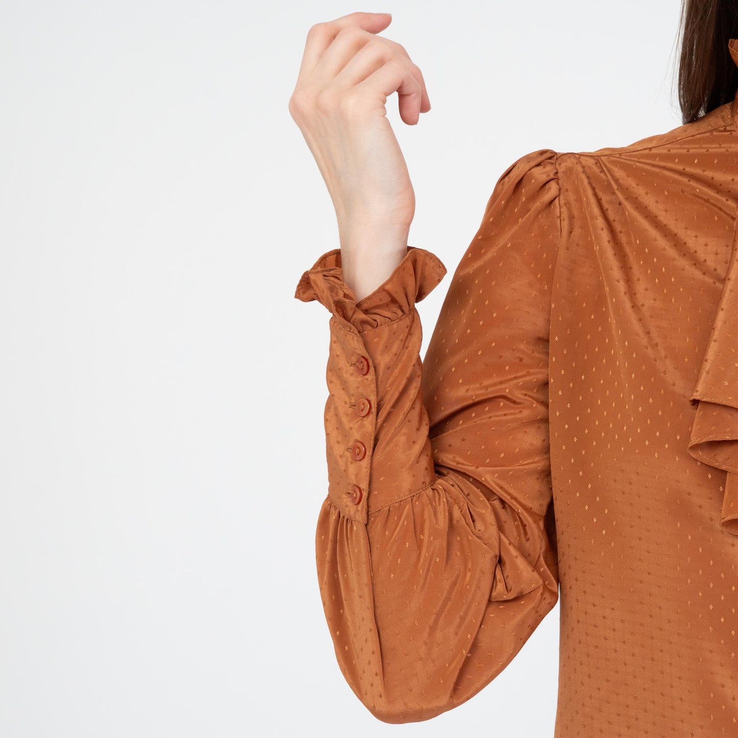Vintage 70s Copper Satin Jabot Ruffle Blouse - XS to Small | Boho Victorian Long Sleeve Button Up Top