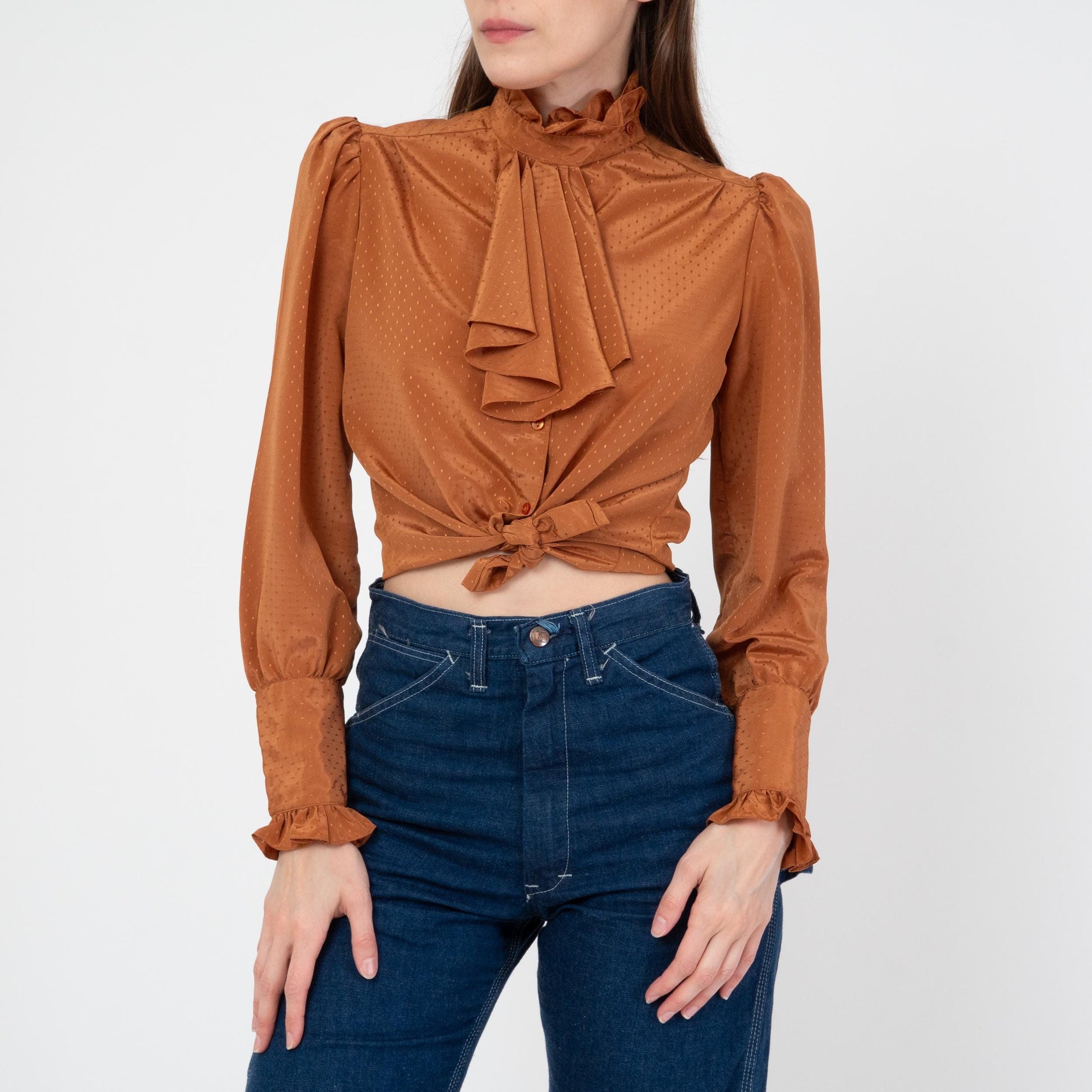 Vintage 70s Copper Satin Jabot Ruffle Blouse - XS to Small | Boho Victorian Long Sleeve Button Up Top