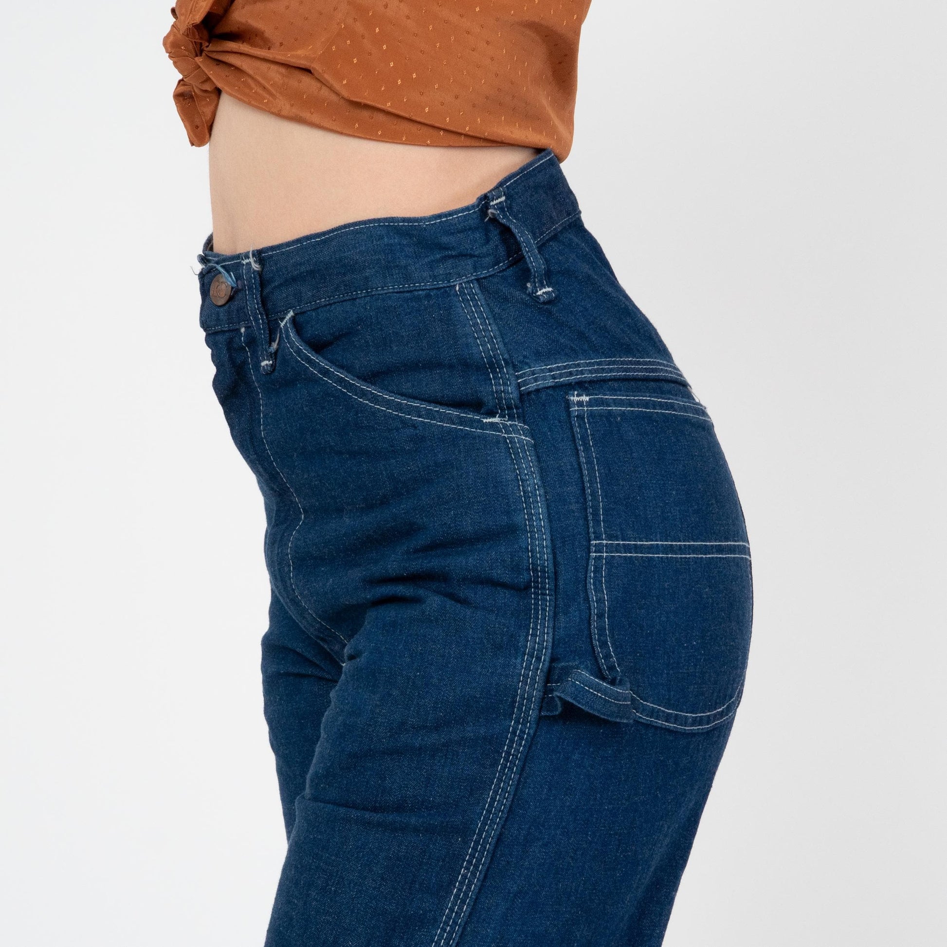 Vintage 70s Dee Cee Dark Wash Carpenter Jeans - Small, 27" Waist | High Waisted Denim Straight Leg Western Jeans