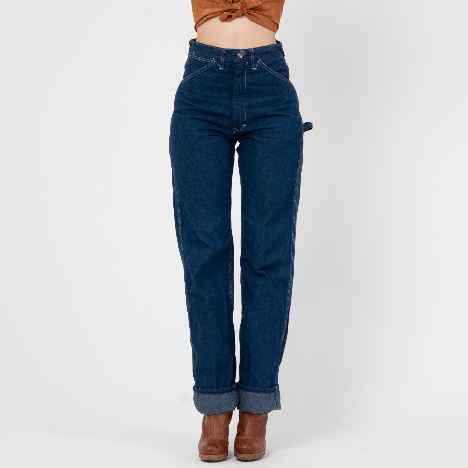 Vintage 70s Dee Cee Dark Wash Carpenter Jeans - Small, 27" Waist | High Waisted Denim Straight Leg Western Jeans
