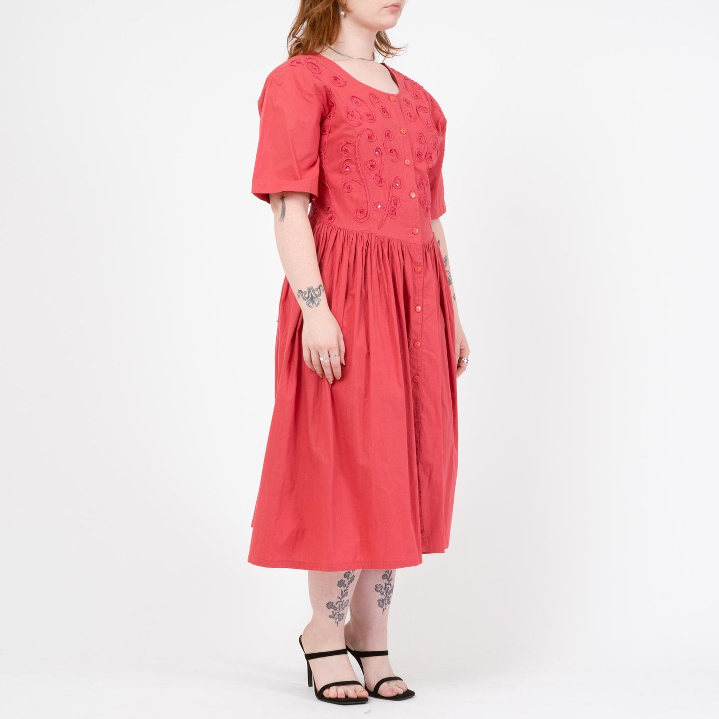 Vintage 90s Watermelon Pink Soutache Sequin Midi Dress - Medium to Large | Boho Short Sleeve Button Front Shirtdress