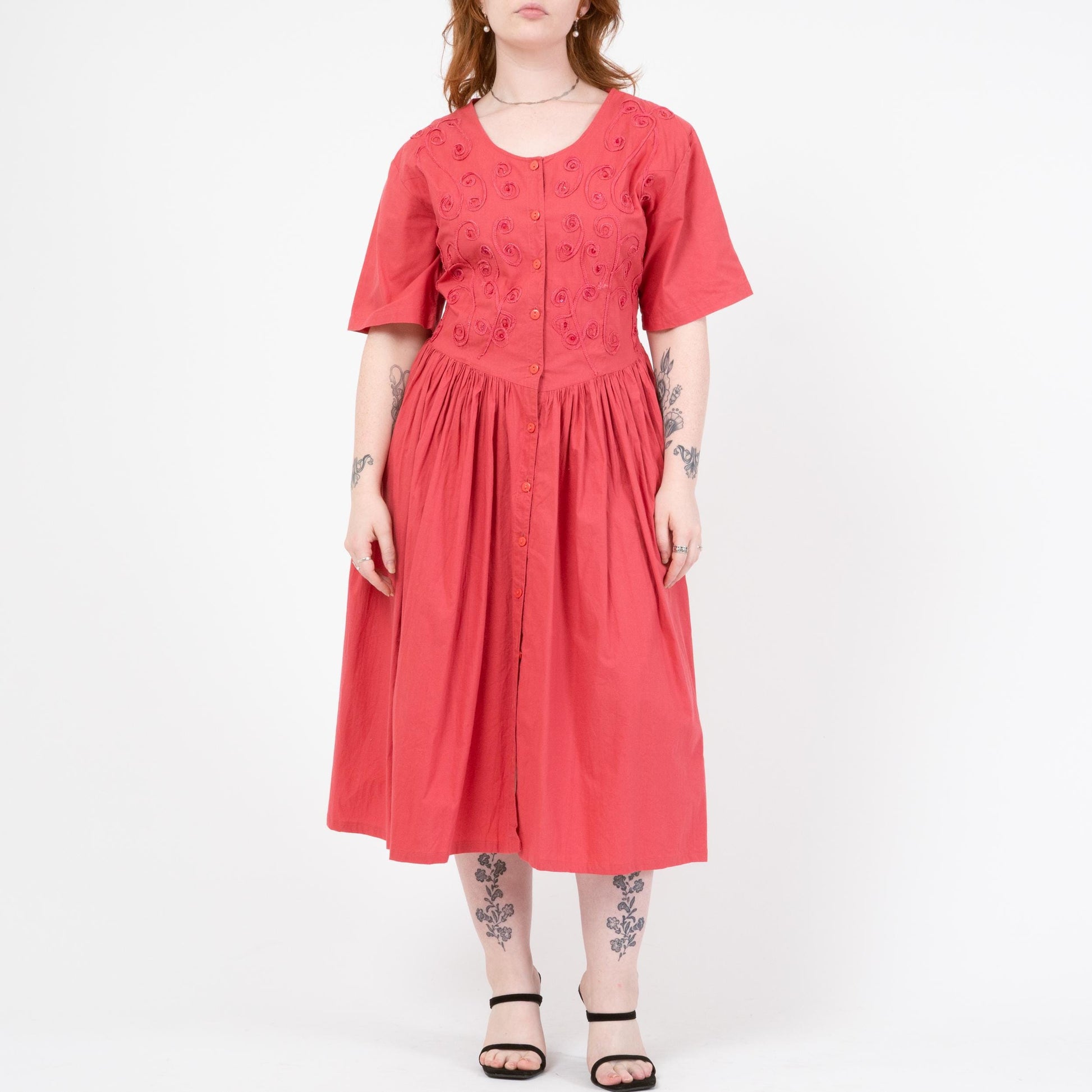 Vintage 90s Watermelon Pink Soutache Sequin Midi Dress - Medium to Large | Boho Short Sleeve Button Front Shirtdress