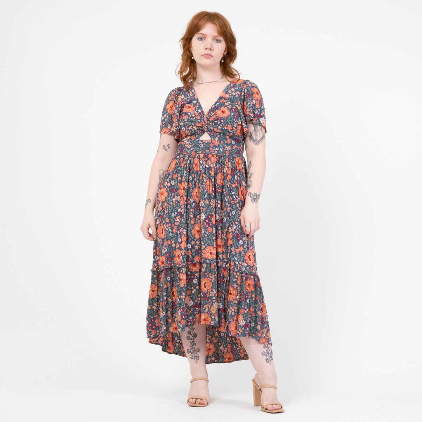 Vintage Y2K Blue Floral Keyhole Flutter Sleeve Maxi Dress - Medium | Angie Boho High Low Hem Sundress