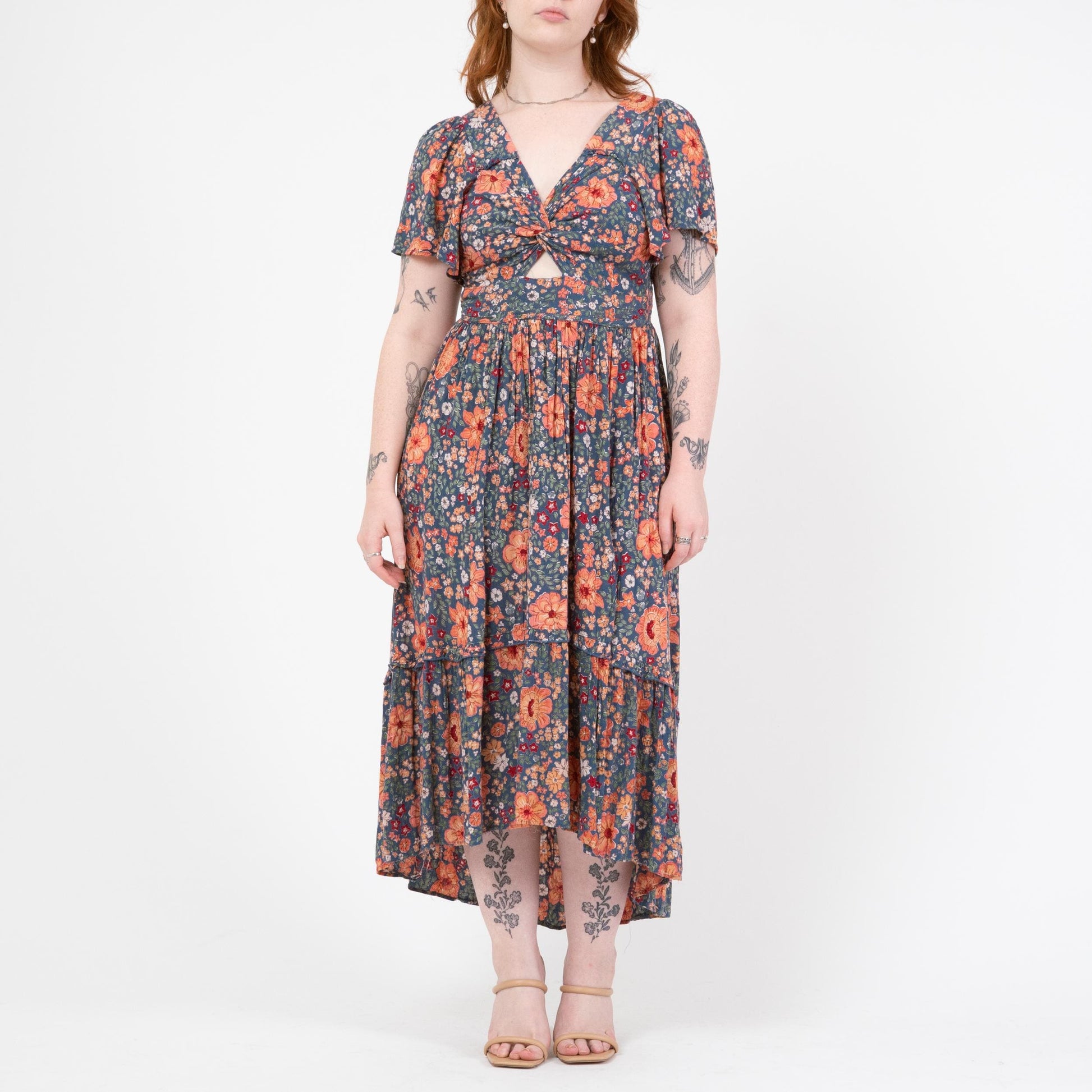 Vintage Y2K Blue Floral Keyhole Flutter Sleeve Maxi Dress - Medium | Angie Boho High Low Hem Sundress