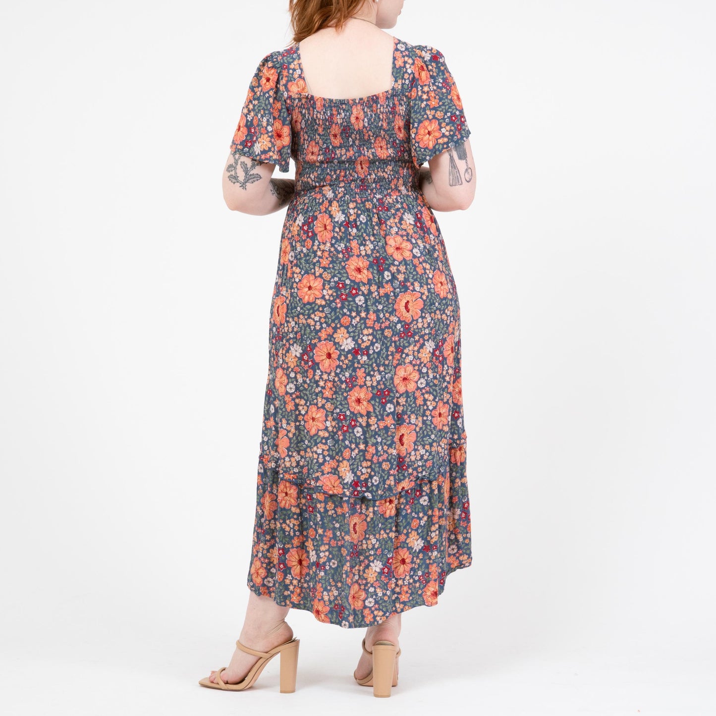 Vintage Y2K Blue Floral Keyhole Flutter Sleeve Maxi Dress - Medium | Angie Boho High Low Hem Sundress