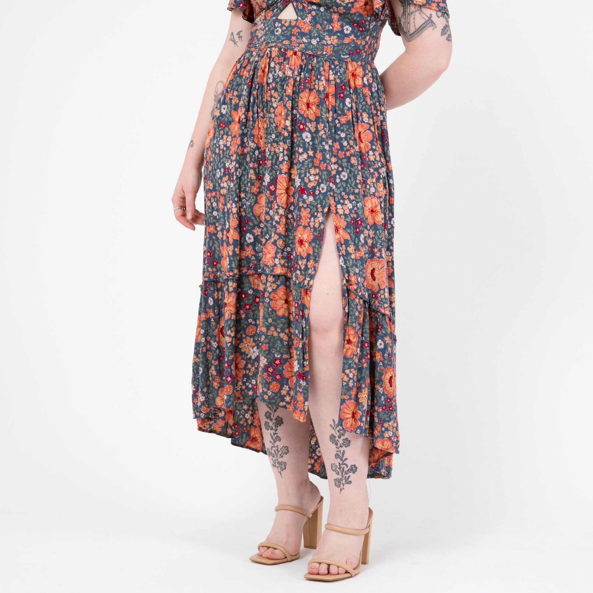Vintage Y2K Blue Floral Keyhole Flutter Sleeve Maxi Dress - Medium | Angie Boho High Low Hem Sundress