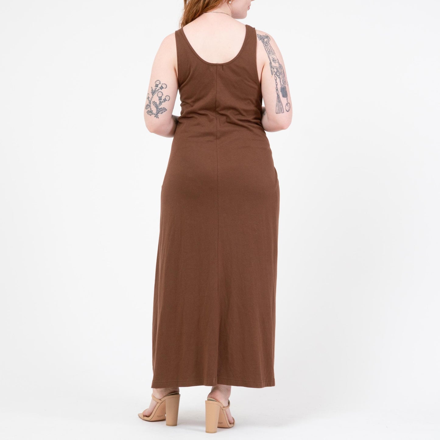 Vintage 90s Minimalist Brown Maxi Wrap Dress | Sleeveless Jersey Tank Dress