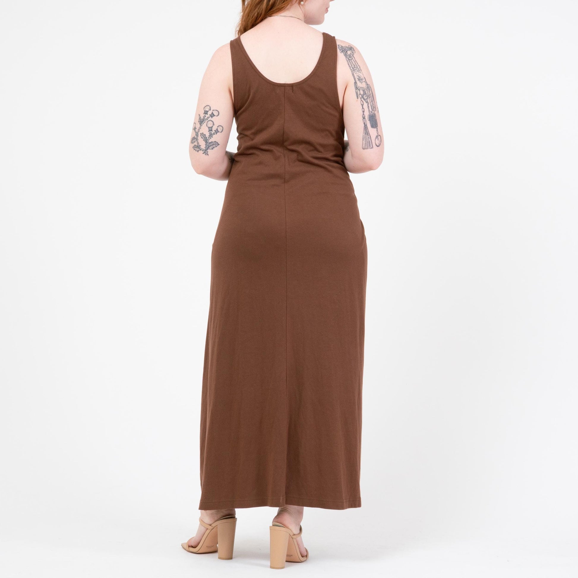 Vintage 90s Minimalist Brown Maxi Wrap Dress | Sleeveless Jersey Tank Dress