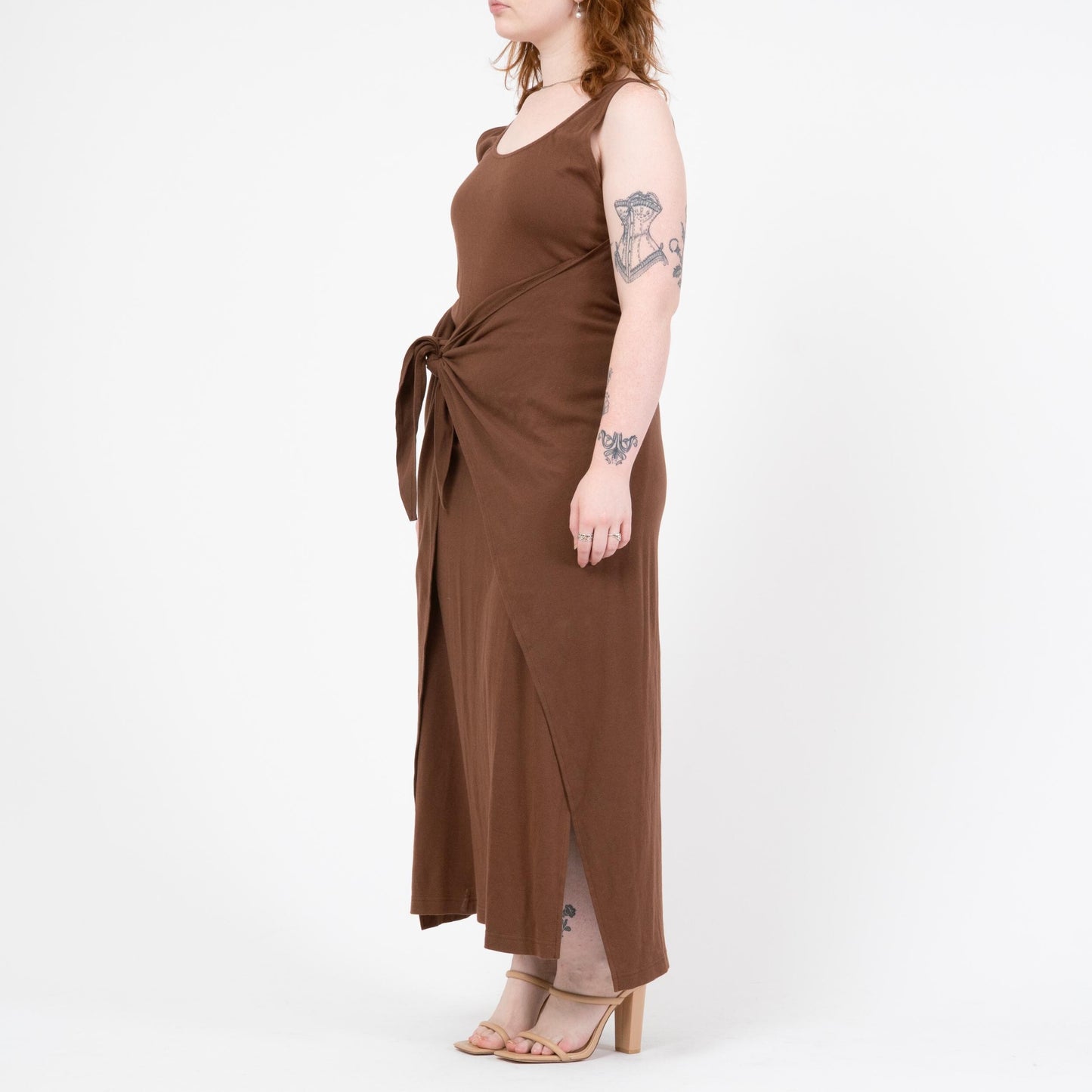 Vintage 90s Minimalist Brown Maxi Wrap Dress | Sleeveless Jersey Tank Dress