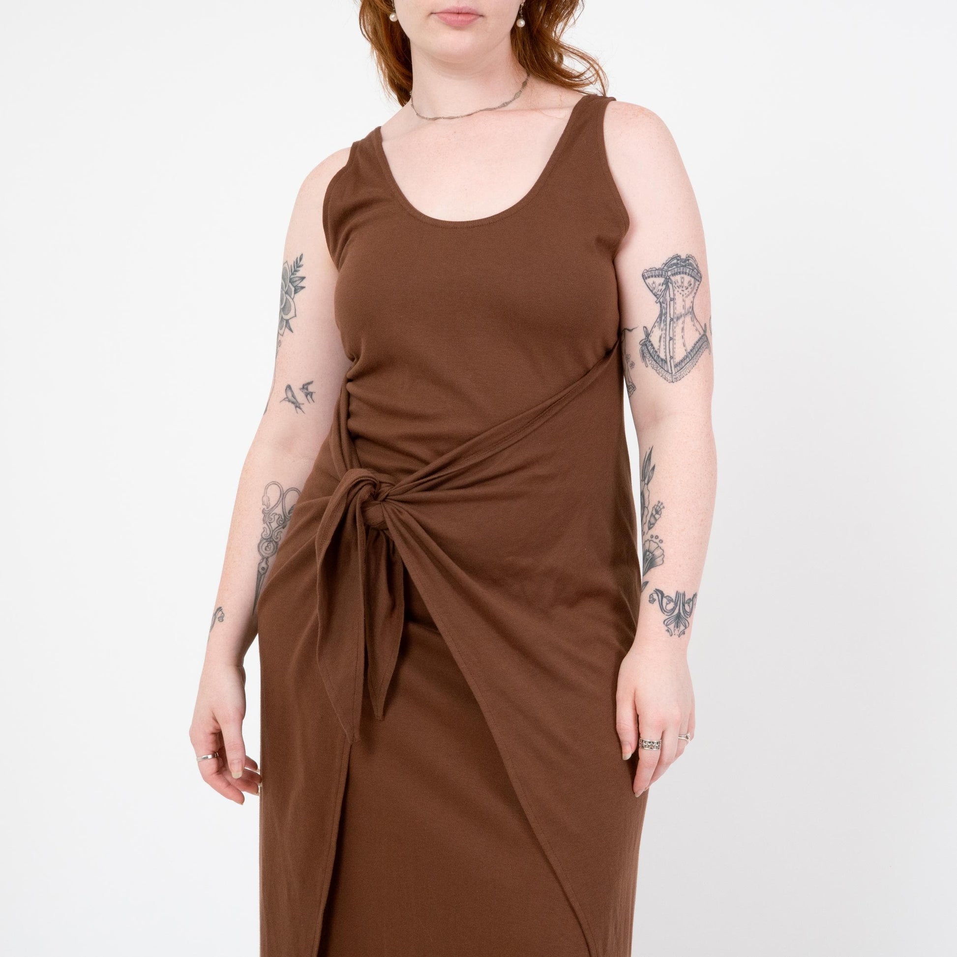 Vintage 90s Minimalist Brown Maxi Wrap Dress | Sleeveless Jersey Tank Dress