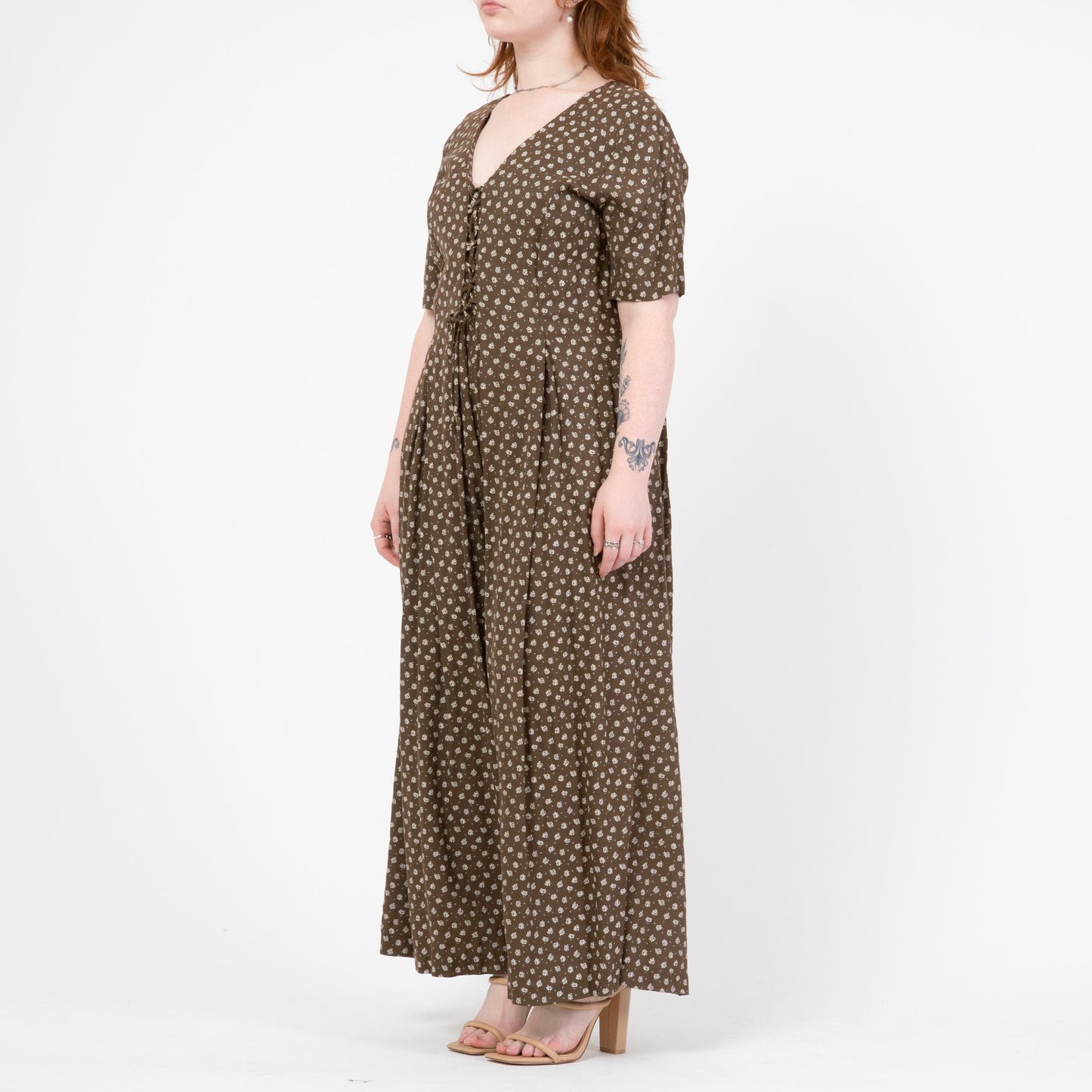 Vintage 80s Brown Floral Wide Leg Jumpsuit - Large to XL | Boho Short Sleeve Palazzo Pantsuit