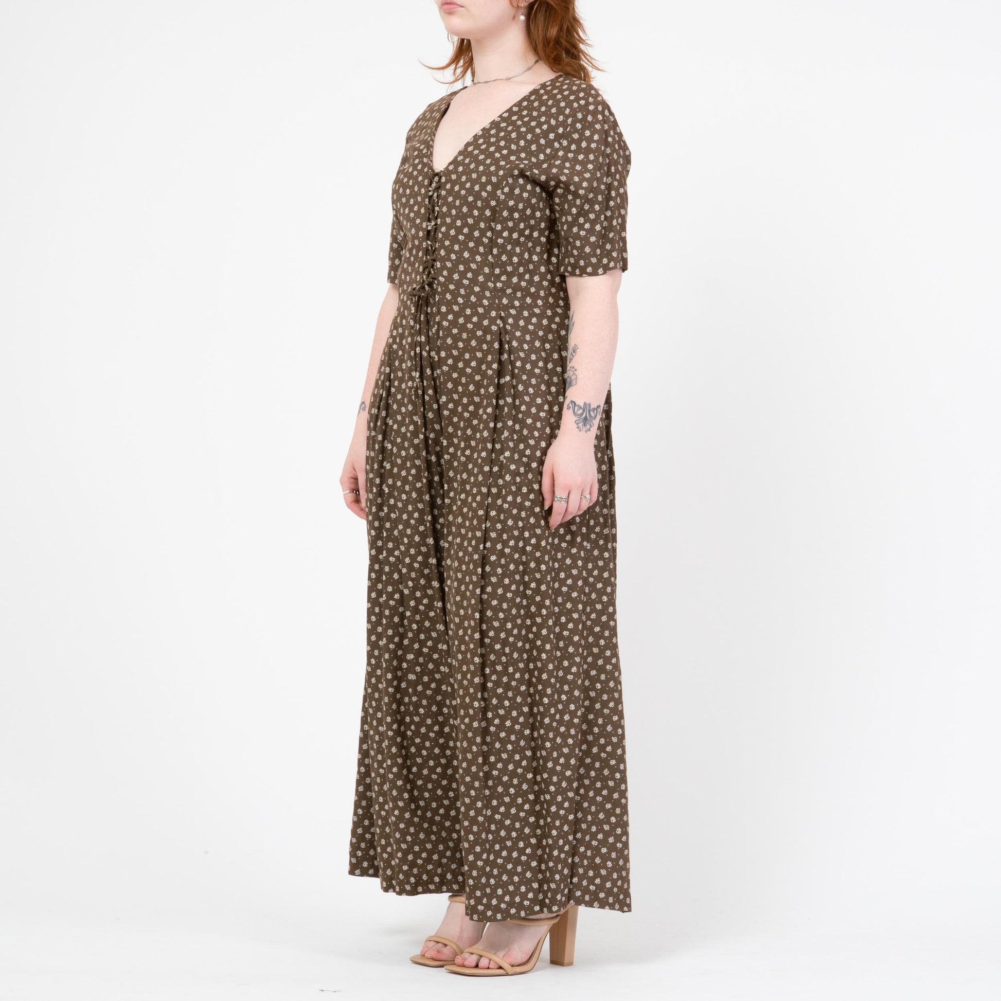 Vintage 80s Brown Floral Wide Leg Jumpsuit - Large to XL | Boho Short Sleeve Palazzo Pantsuit