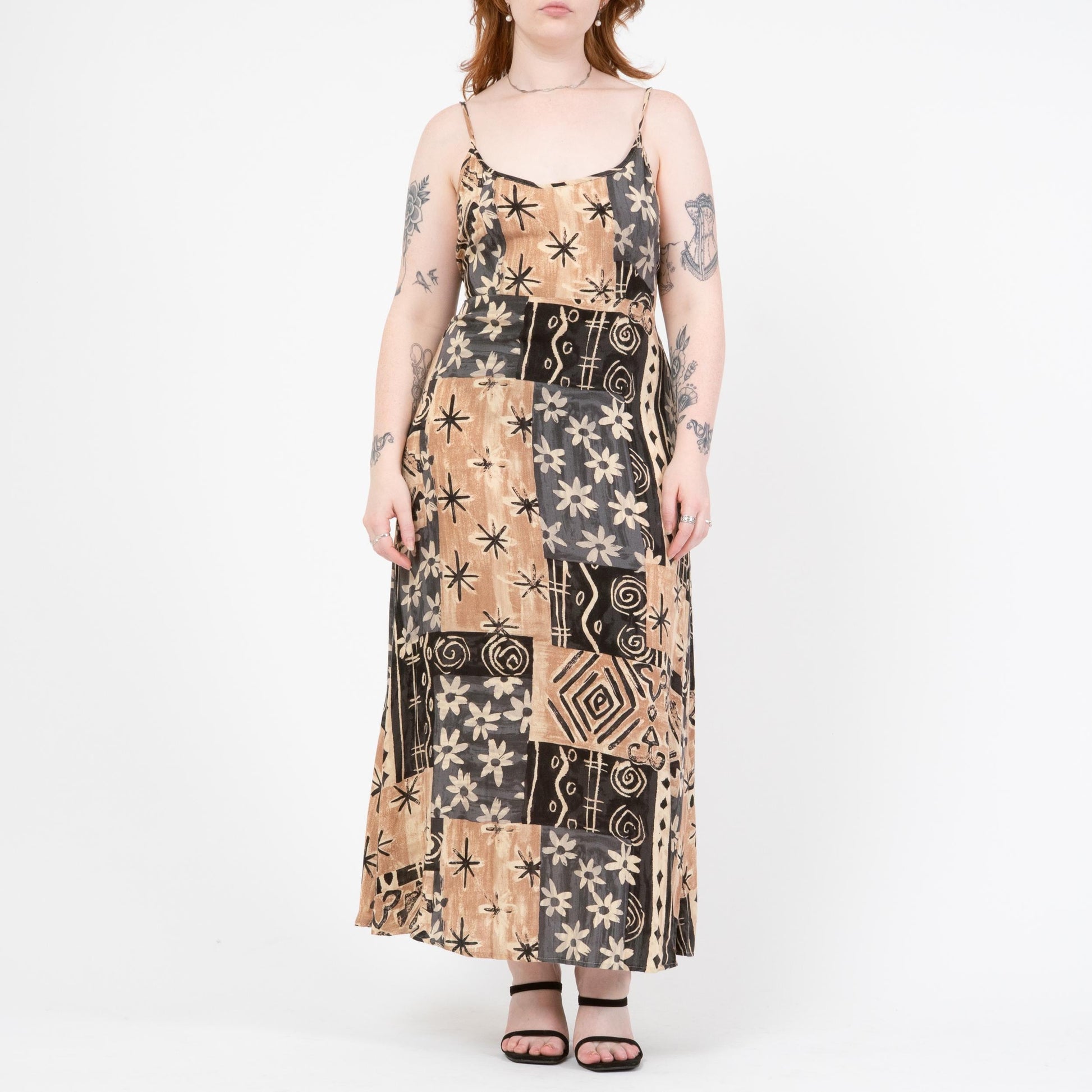 Vintage 90s Earth Tone Floral Patchwork Maxi Sundress - Large to XL | Boho Spaghetti Strap Summer Dress