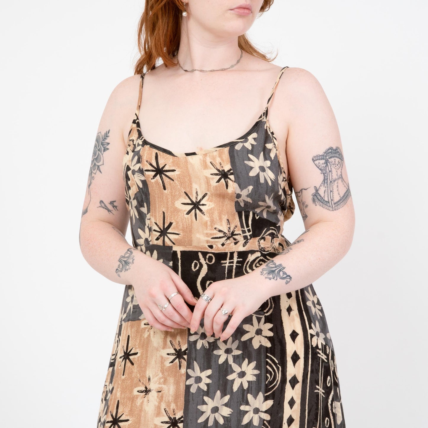 Vintage 90s Earth Tone Floral Patchwork Maxi Sundress - Large to XL | Boho Spaghetti Strap Summer Dress