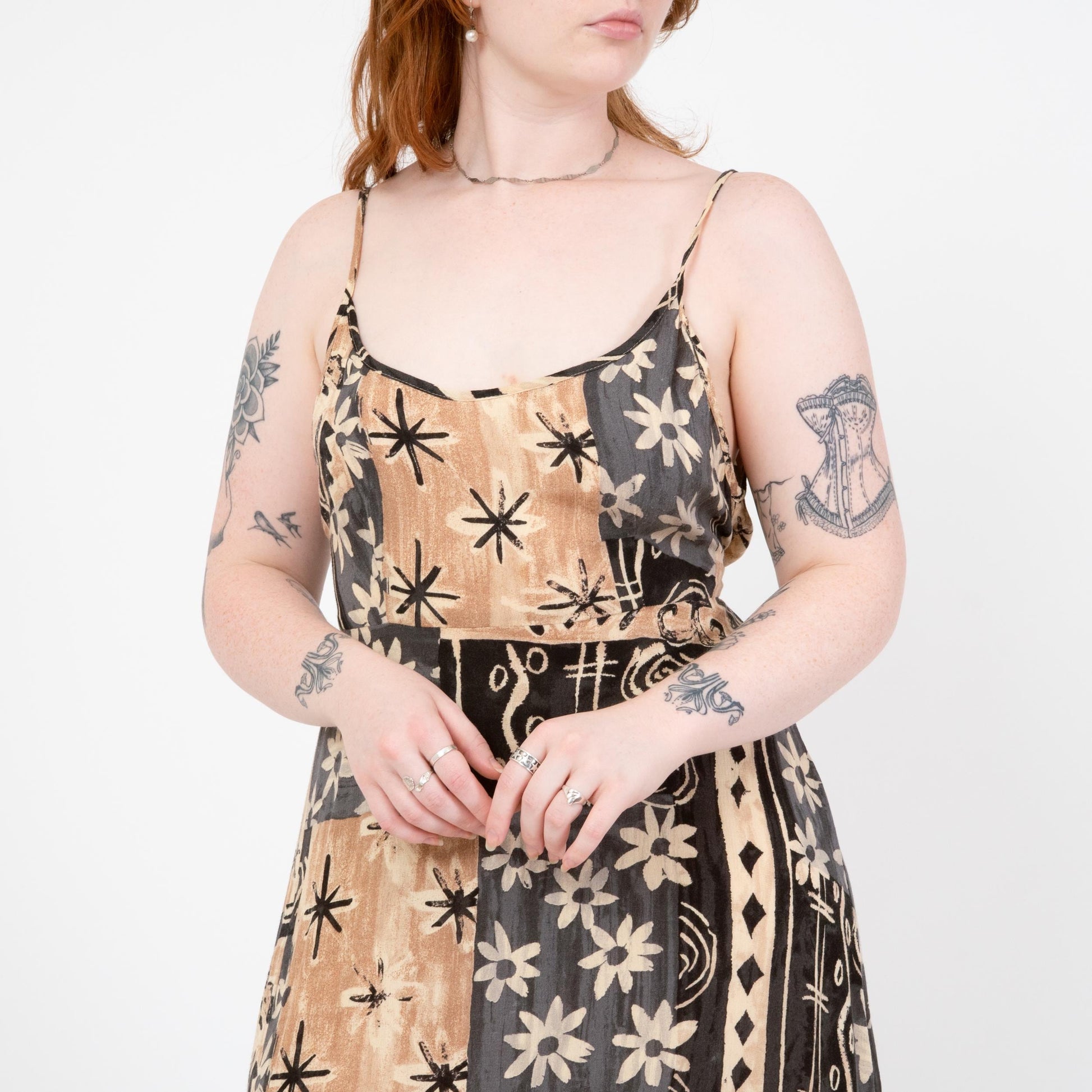 Vintage 90s Earth Tone Floral Patchwork Maxi Sundress - Large to XL | Boho Spaghetti Strap Summer Dress