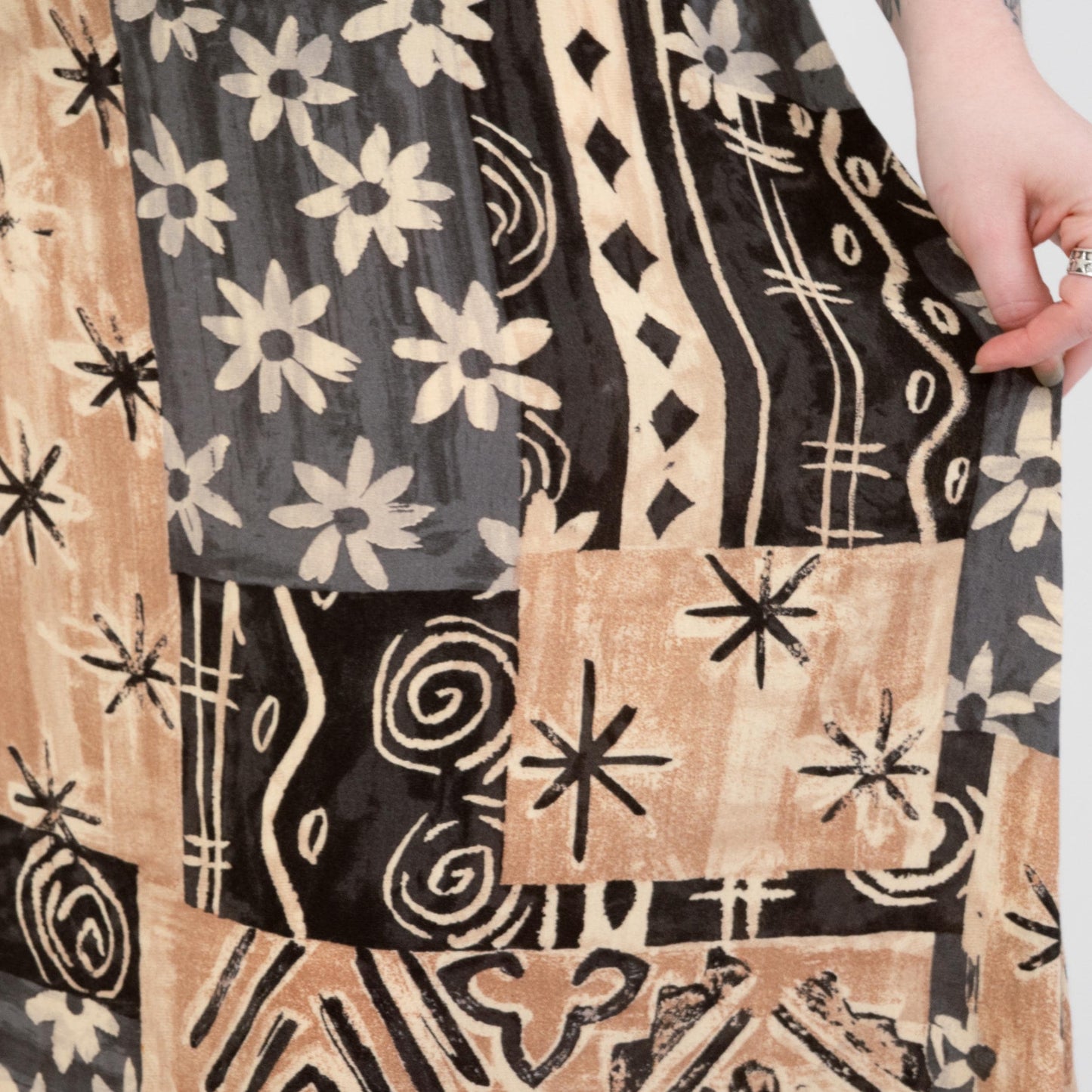 Vintage 90s Earth Tone Floral Patchwork Maxi Sundress - Large to XL | Boho Spaghetti Strap Summer Dress