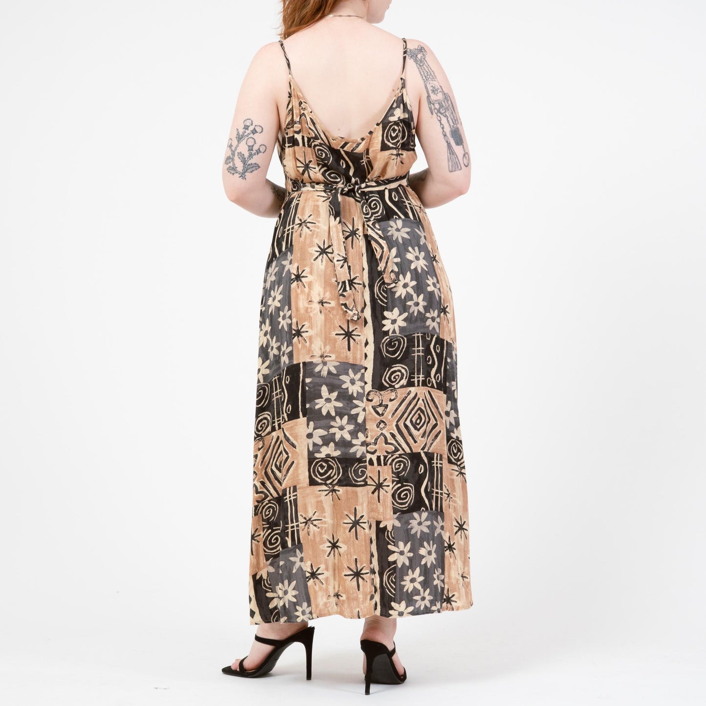 Vintage 90s Earth Tone Floral Patchwork Maxi Sundress - Large to XL | Boho Spaghetti Strap Summer Dress