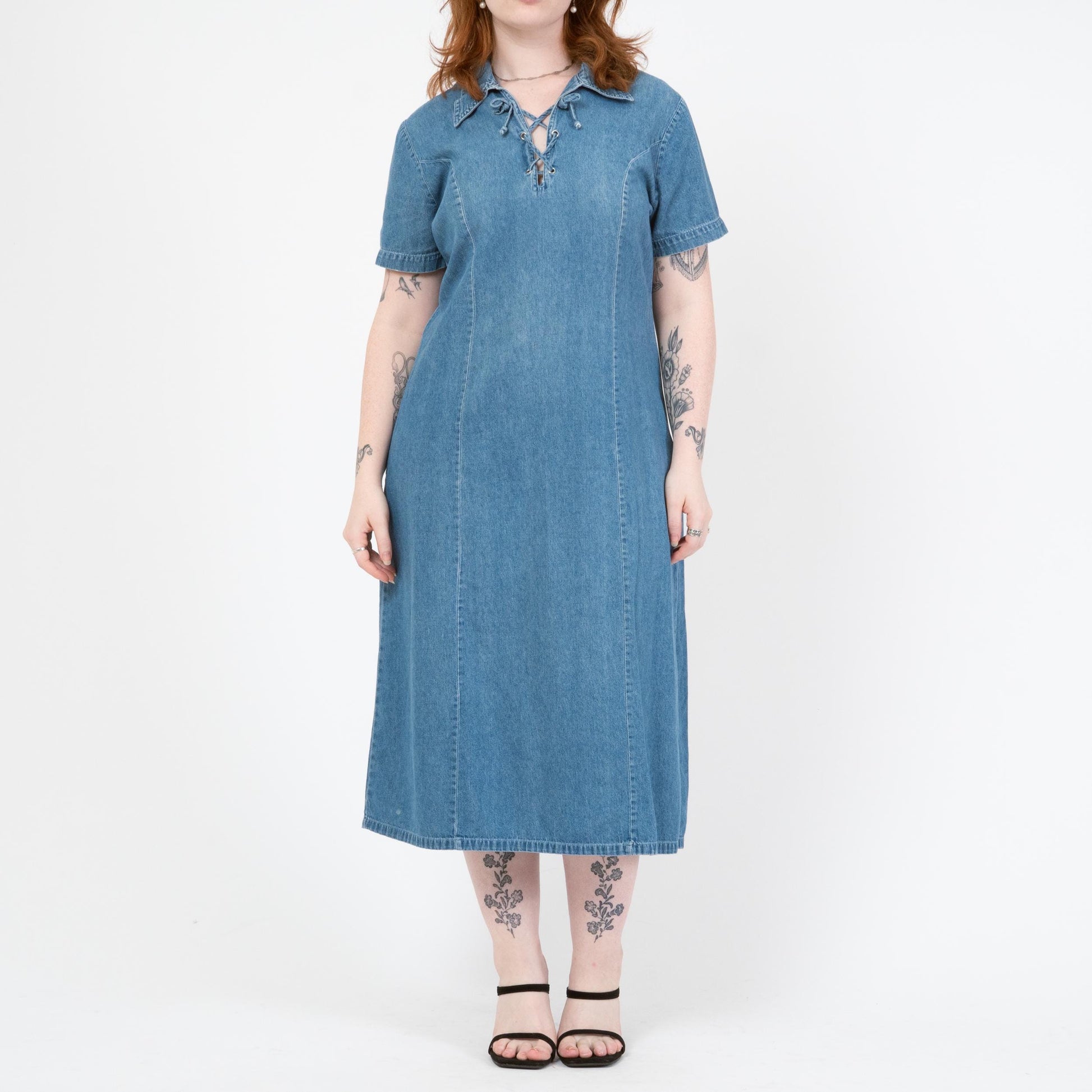 Vintage 90s Chambray Lace-Up Collar Midi Dress - Medium | Grunge Light Wash Blue Jean Dress