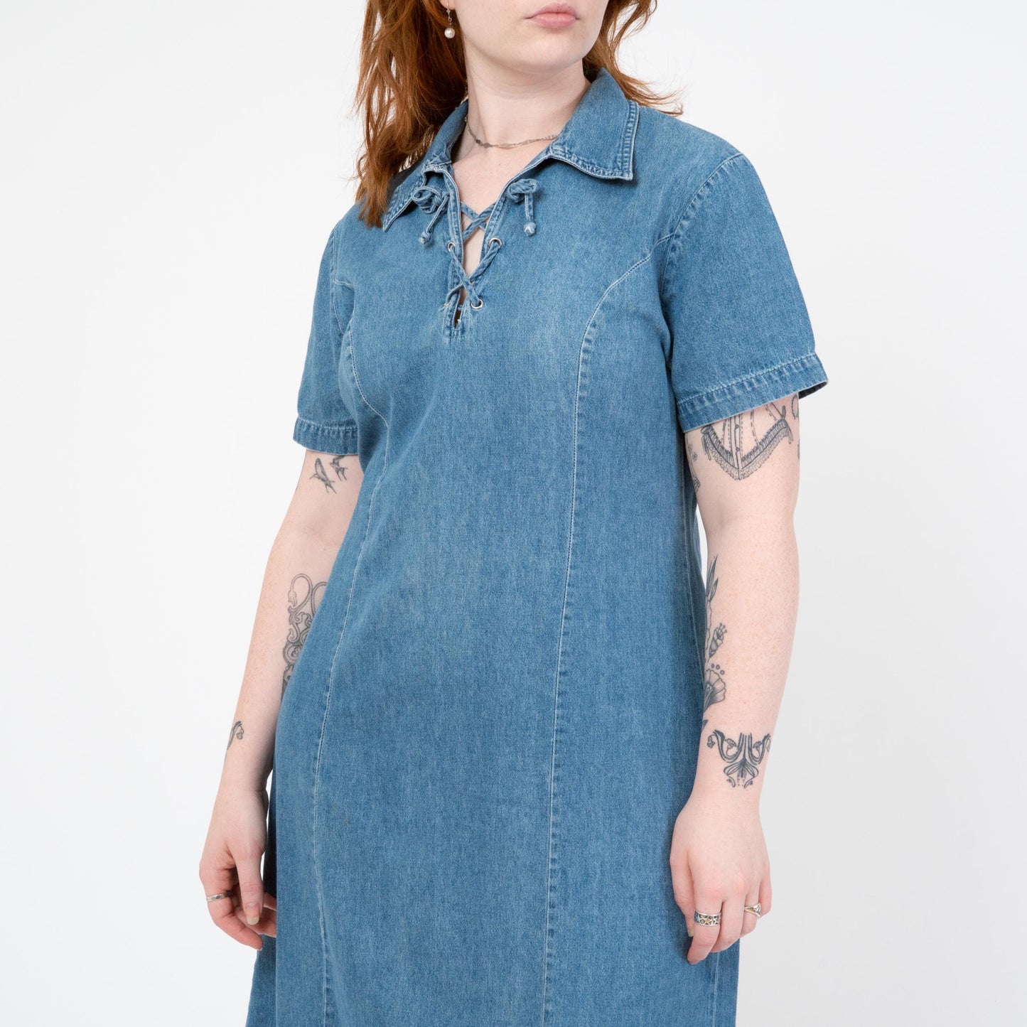 Vintage 90s Chambray Lace-Up Collar Midi Dress - Medium | Grunge Light Wash Blue Jean Dress