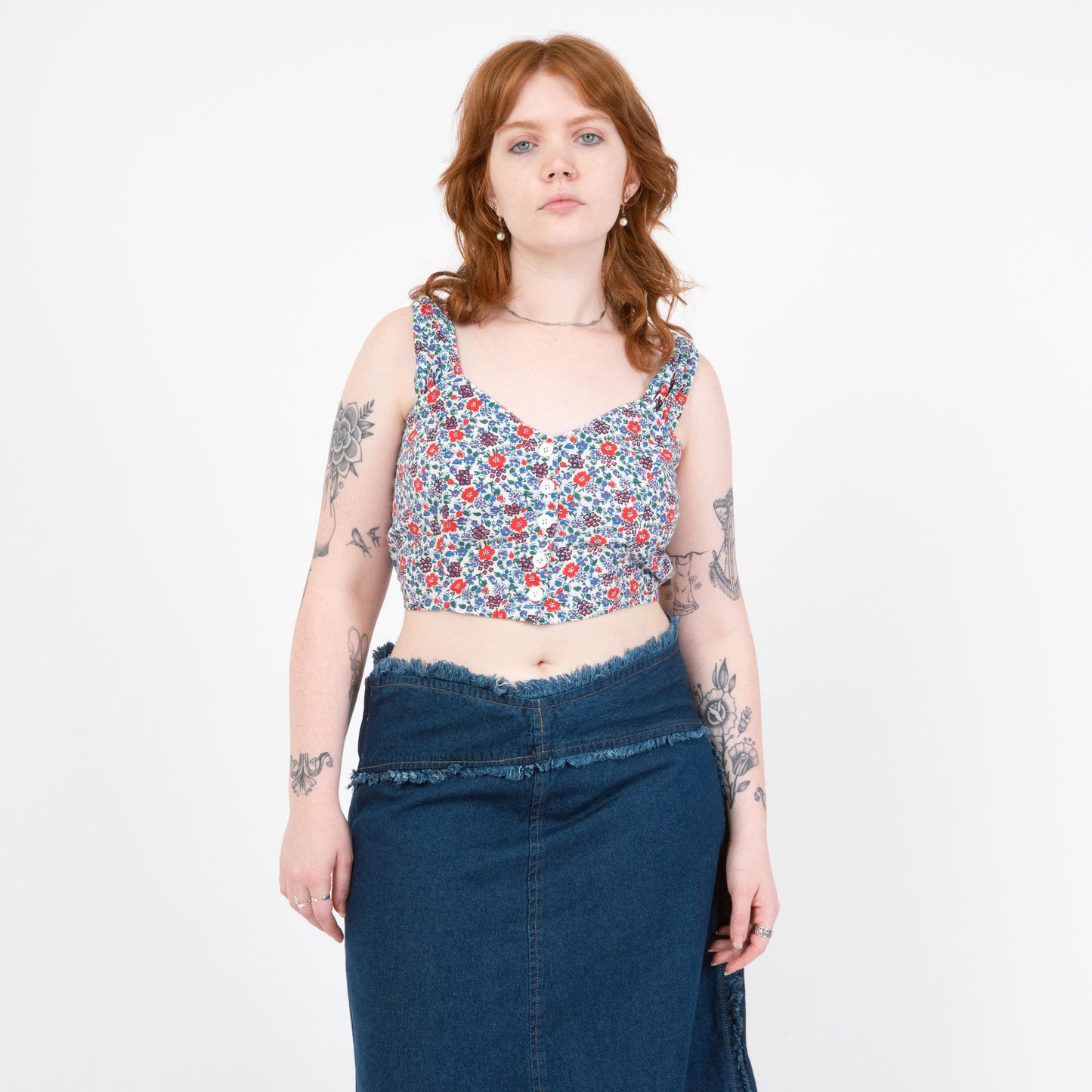 Vintage 80s Blue Floral Crop Top - Large | Boho Sleeveless Button Up Cropped Blouse