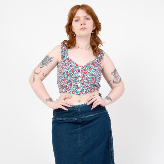 Vintage 80s Blue Floral Crop Top - Large | Boho Sleeveless Button Up Cropped Blouse