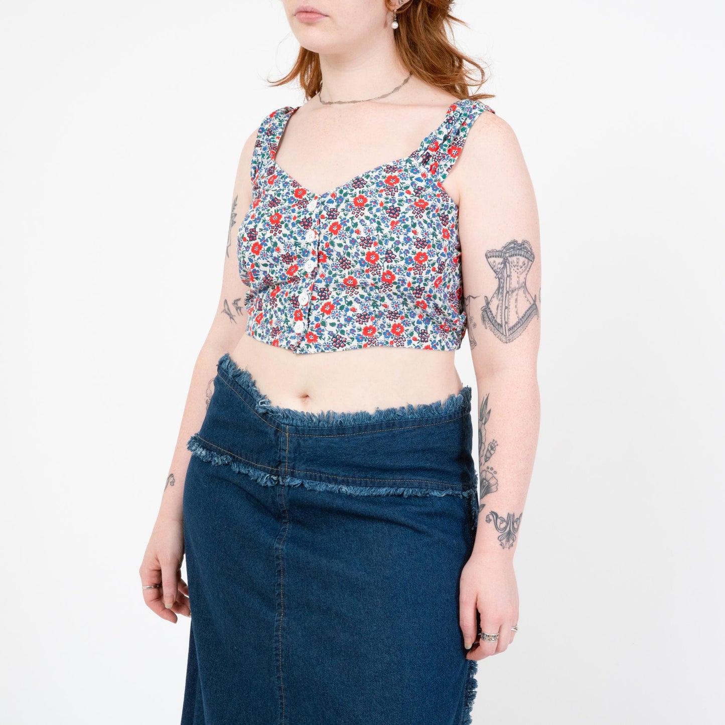 Vintage 80s Blue Floral Crop Top - Large | Boho Sleeveless Button Up Cropped Blouse