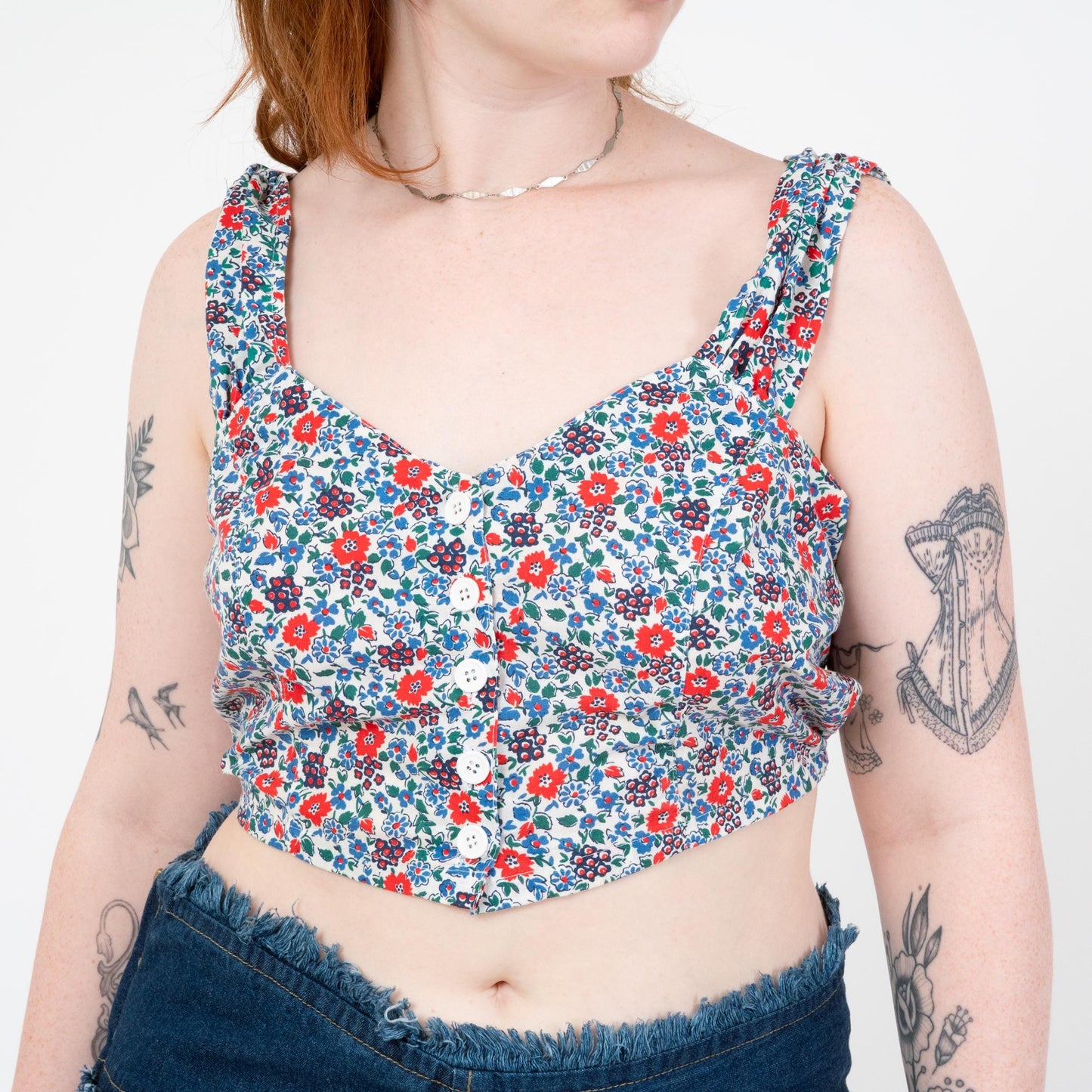 Vintage 80s Blue Floral Crop Top - Large | Boho Sleeveless Button Up Cropped Blouse