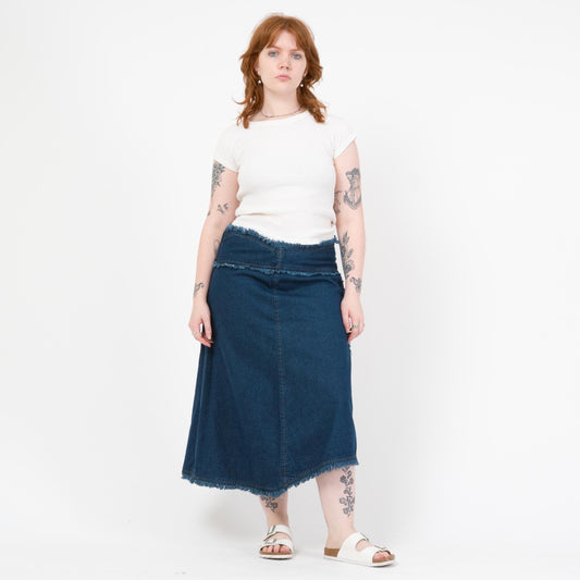 Vintage 90s Frayed Denim Midi Skirt - Extra Large | High Waisted Asymmetrical Blue Jean Skirt