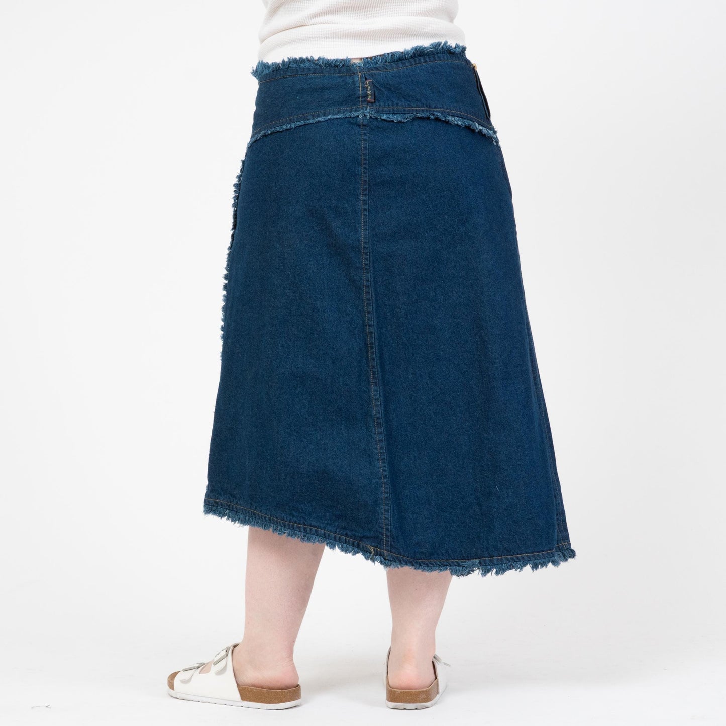 Vintage 90s Frayed Denim Midi Skirt - Extra Large | High Waisted Asymmetrical Blue Jean Skirt