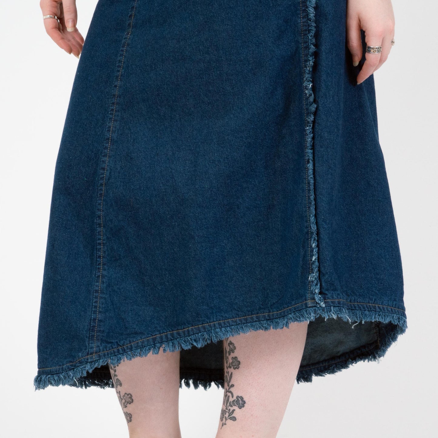 Vintage 90s Frayed Denim Midi Skirt - Extra Large | High Waisted Asymmetrical Blue Jean Skirt