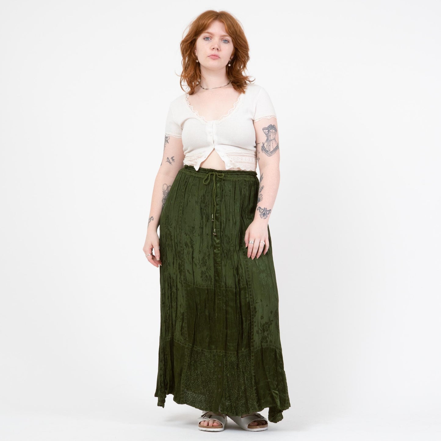 Vintage 90s Green Floral Satin Broomstick Skirt - One Size | Boho Long Hippie Skirt