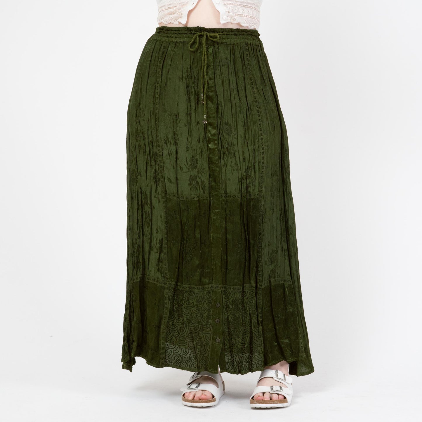 Vintage 90s Green Floral Satin Broomstick Skirt - One Size | Boho Long Hippie Skirt