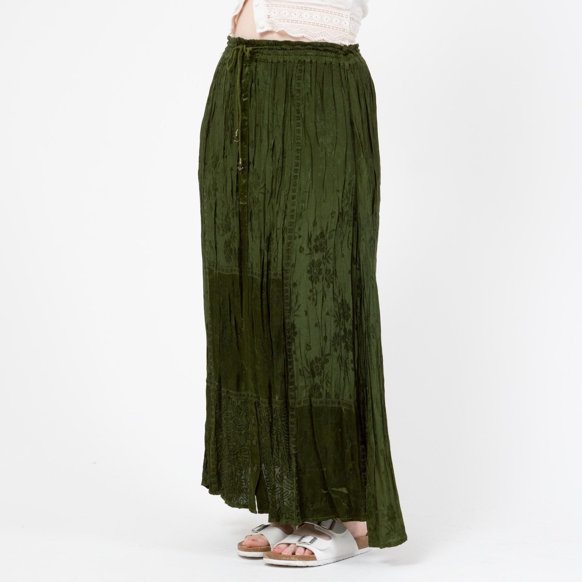 Vintage 90s Green Floral Satin Broomstick Skirt - One Size | Boho Long Hippie Skirt