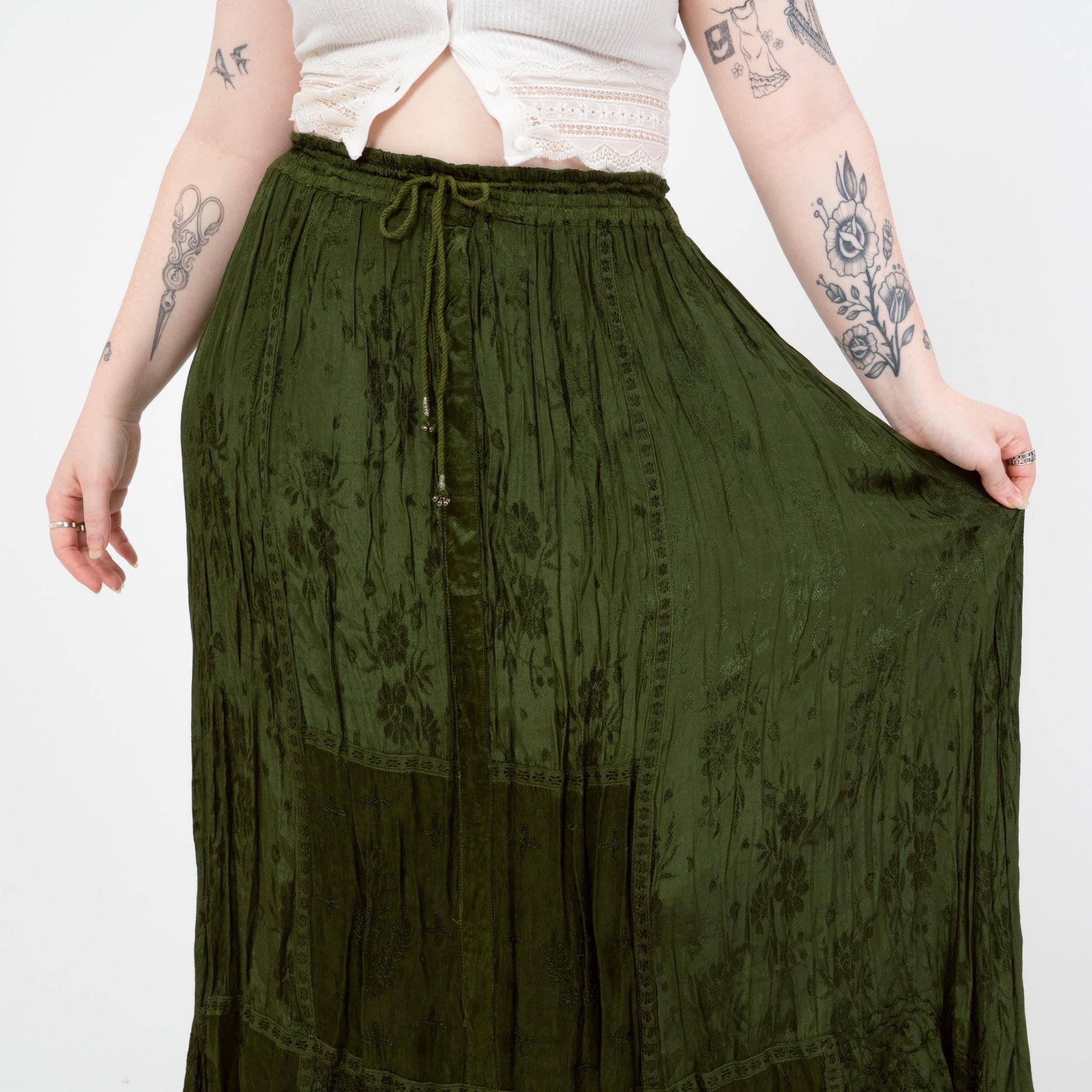 Vintage 90s Green Floral Satin Broomstick Skirt - One Size | Boho Long Hippie Skirt
