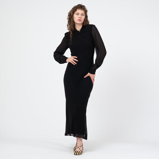 Vintage 80s Black Bias Cut Sheer Sleeve Maxi Dress - Large | Slinky Long Sleeve Cocktail Gown