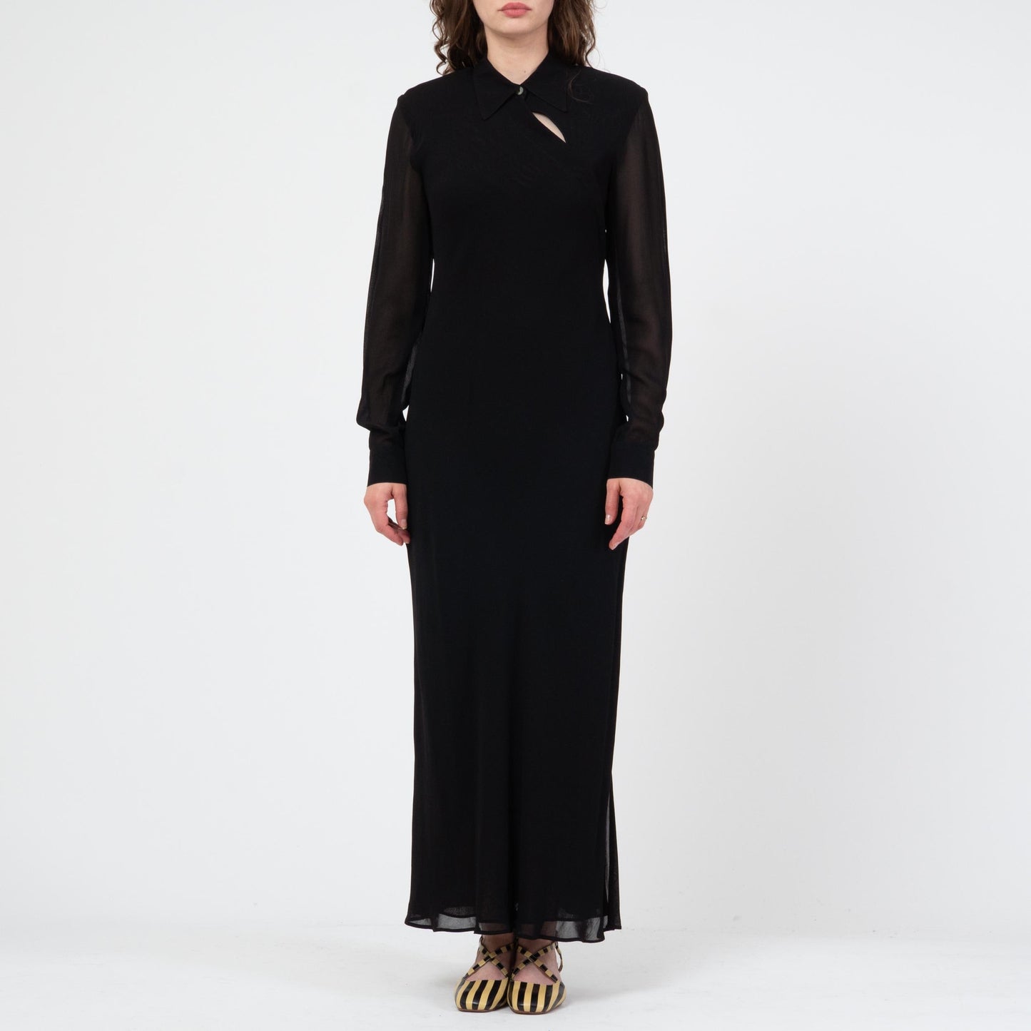 Vintage 80s Black Bias Cut Sheer Sleeve Maxi Dress - Large | Slinky Long Sleeve Cocktail Gown
