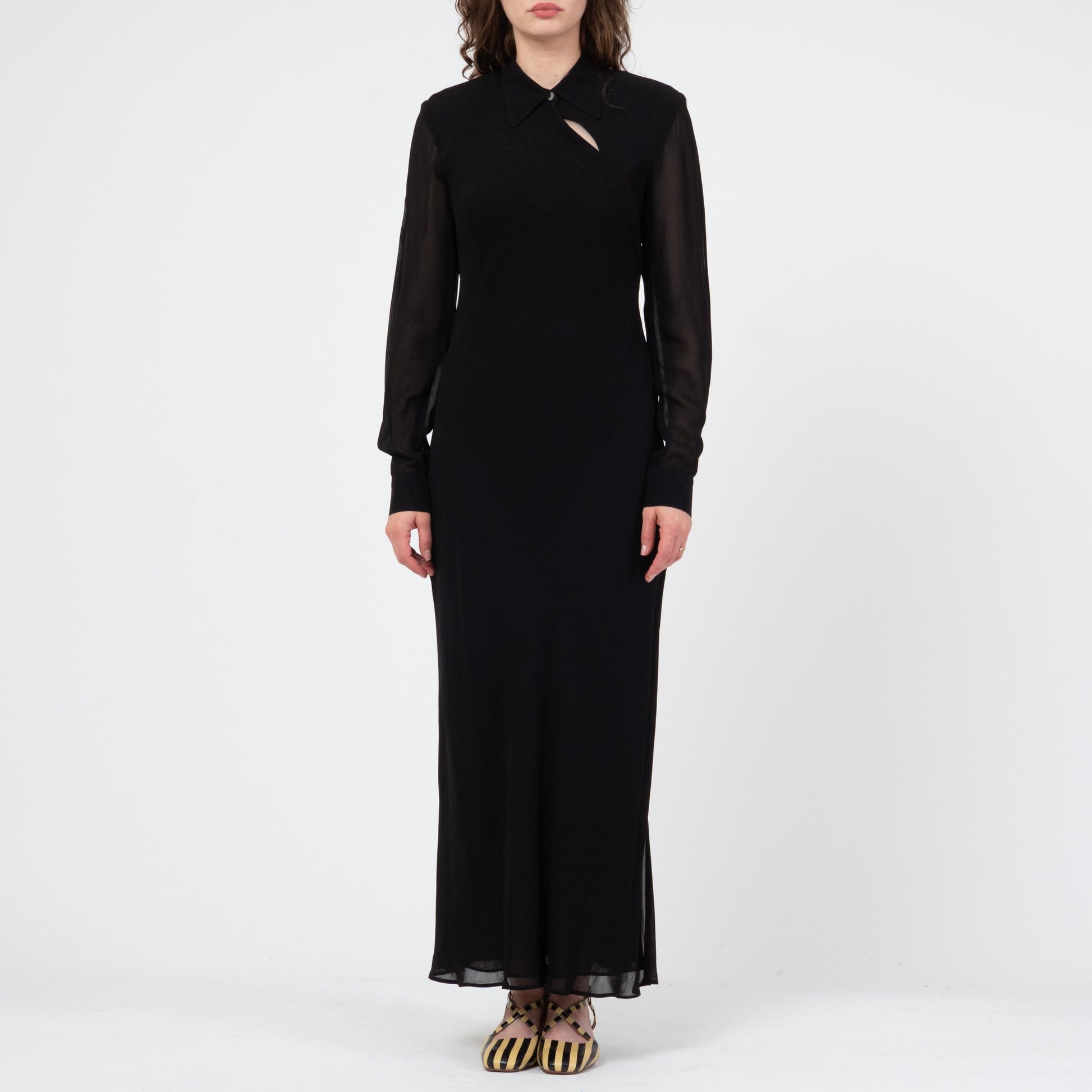 Vintage 80s Black Bias Cut Sheer Sleeve Maxi Dress - Large | Slinky Long Sleeve Cocktail Gown