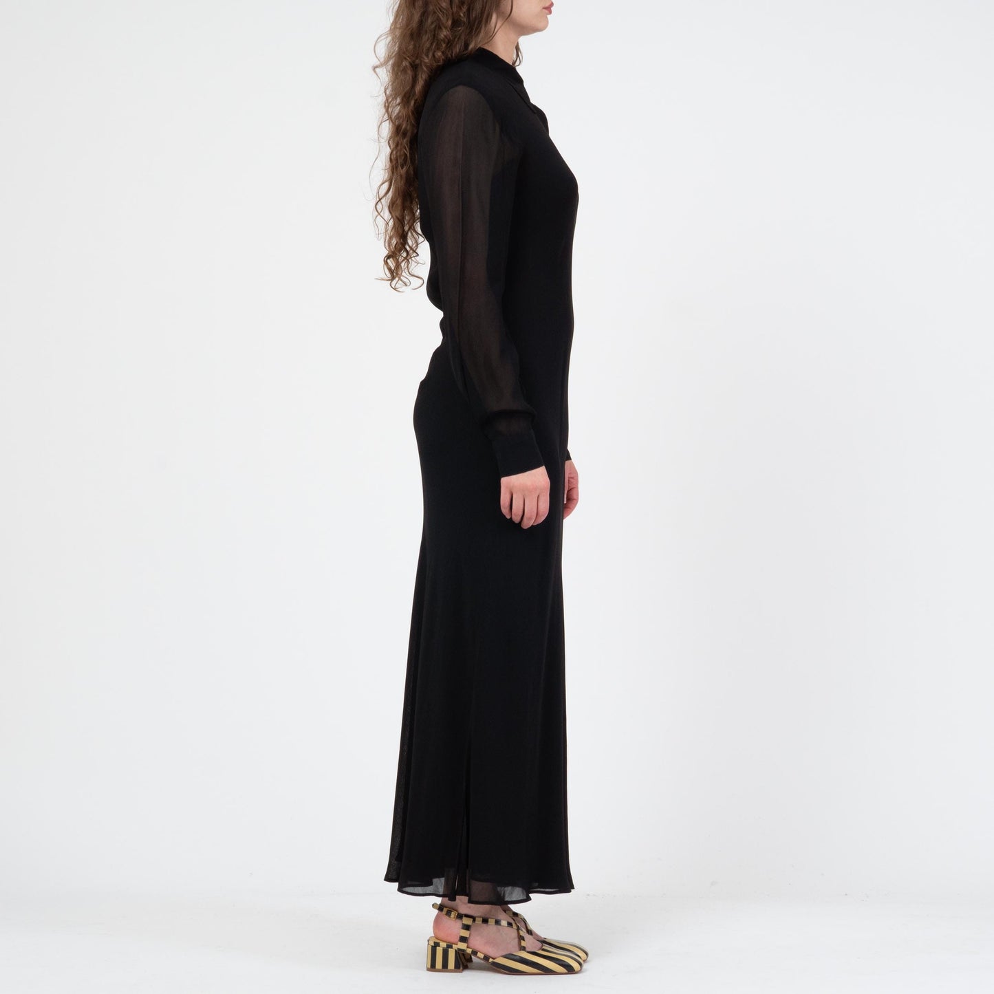 Vintage 80s Black Bias Cut Sheer Sleeve Maxi Dress - Large | Slinky Long Sleeve Cocktail Gown