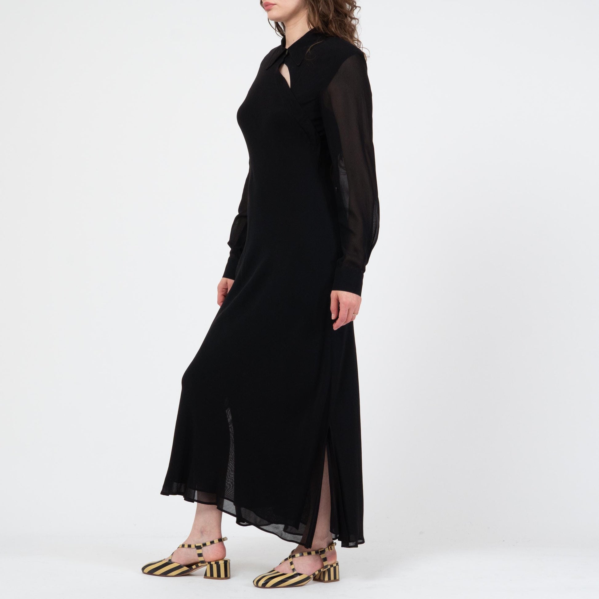 Vintage 80s Black Bias Cut Sheer Sleeve Maxi Dress - Large | Slinky Long Sleeve Cocktail Gown