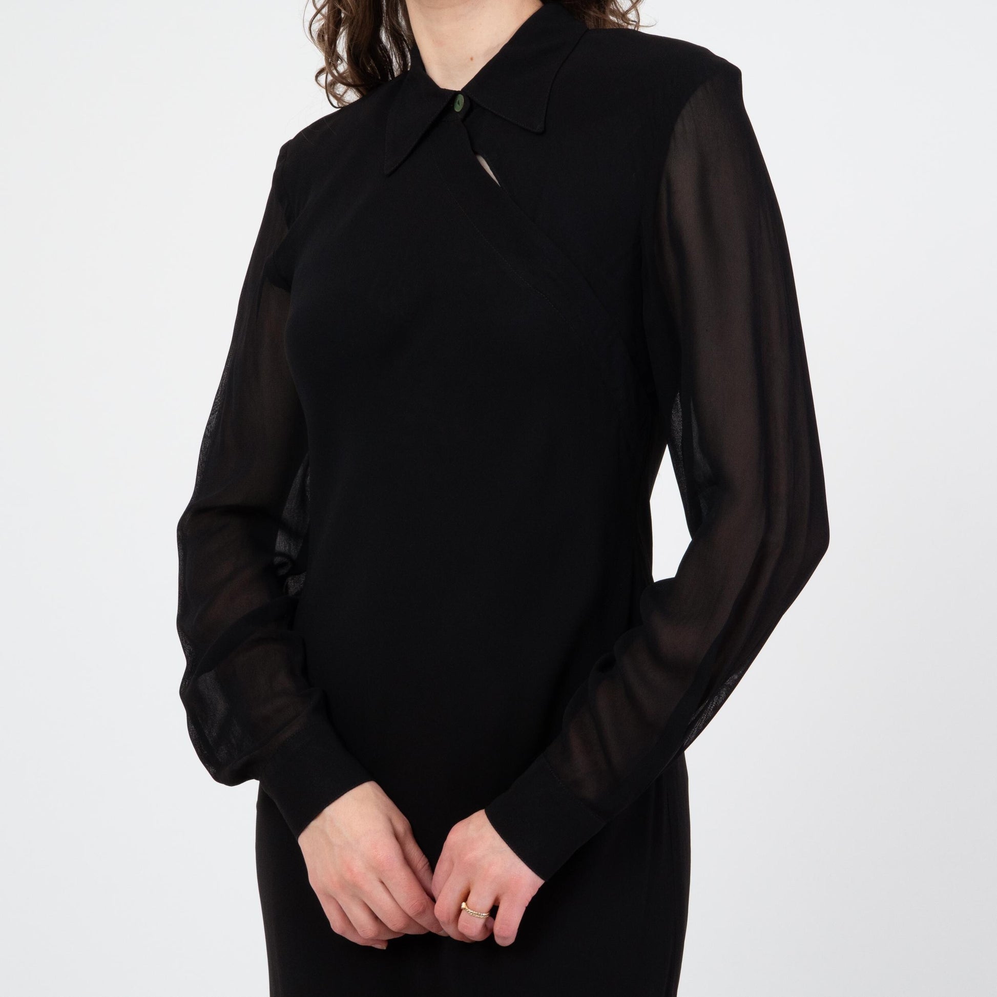 Vintage 80s Black Bias Cut Sheer Sleeve Maxi Dress - Large | Slinky Long Sleeve Cocktail Gown