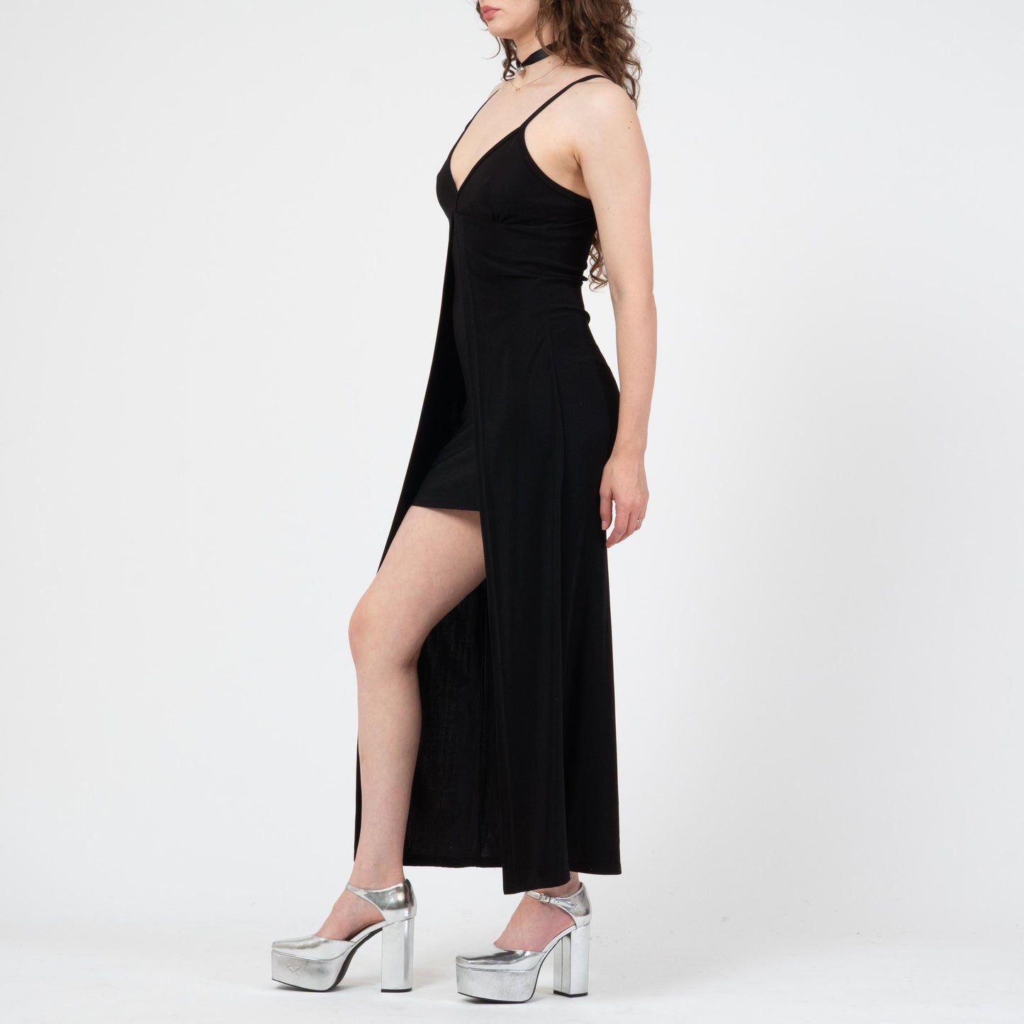 Vintage 90s Black High-Low Peekaboo Dress - Small | Spaghetti Strap Sexy Party Dress
