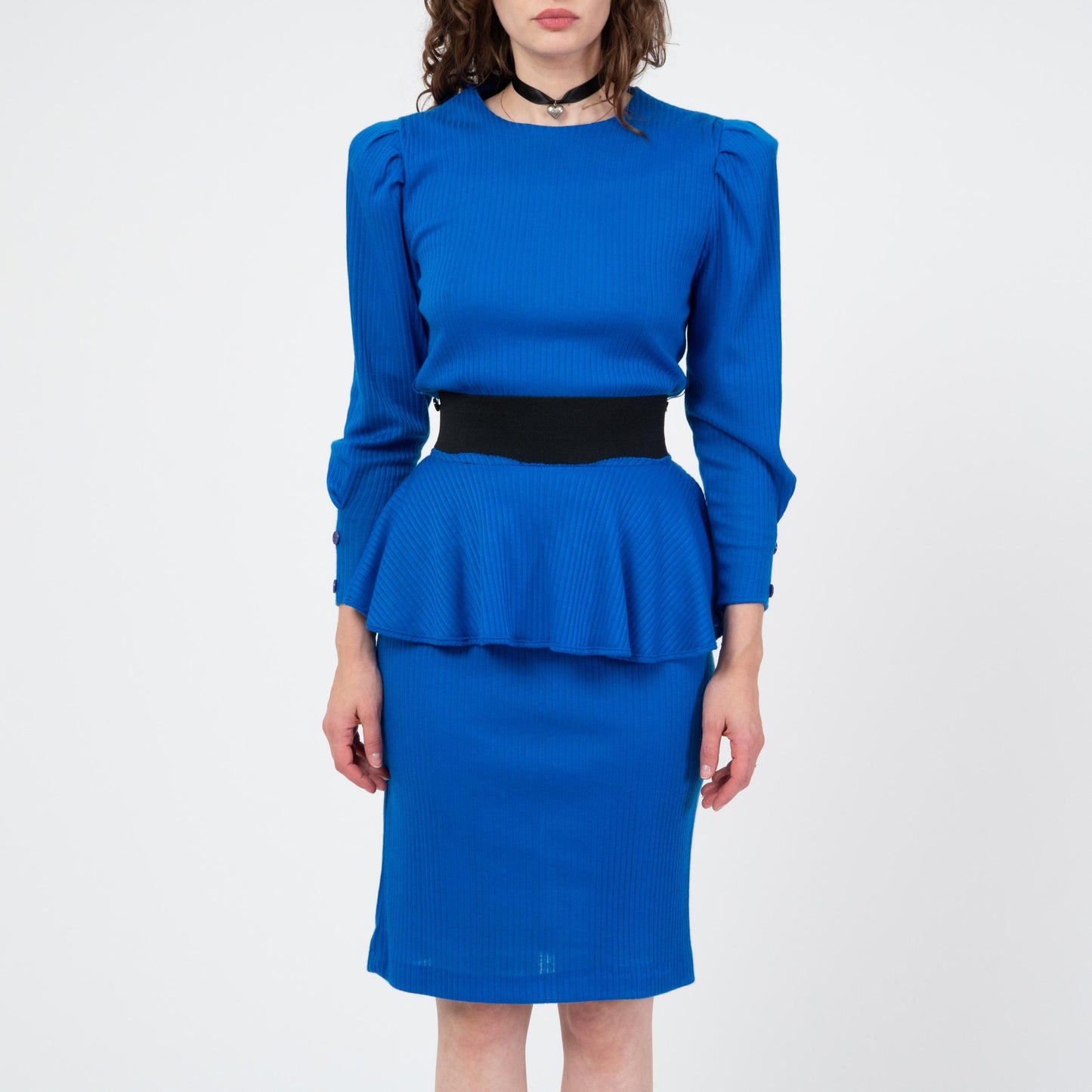Vintage 80s Cobalt Blue Peplum Belt Dress - Small | Long Puff Sleeve Ribbed Sweater Dress