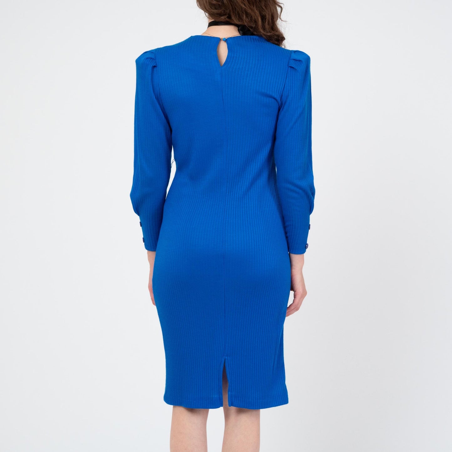 Vintage 80s Cobalt Blue Peplum Belt Dress - Small | Long Puff Sleeve Ribbed Sweater Dress